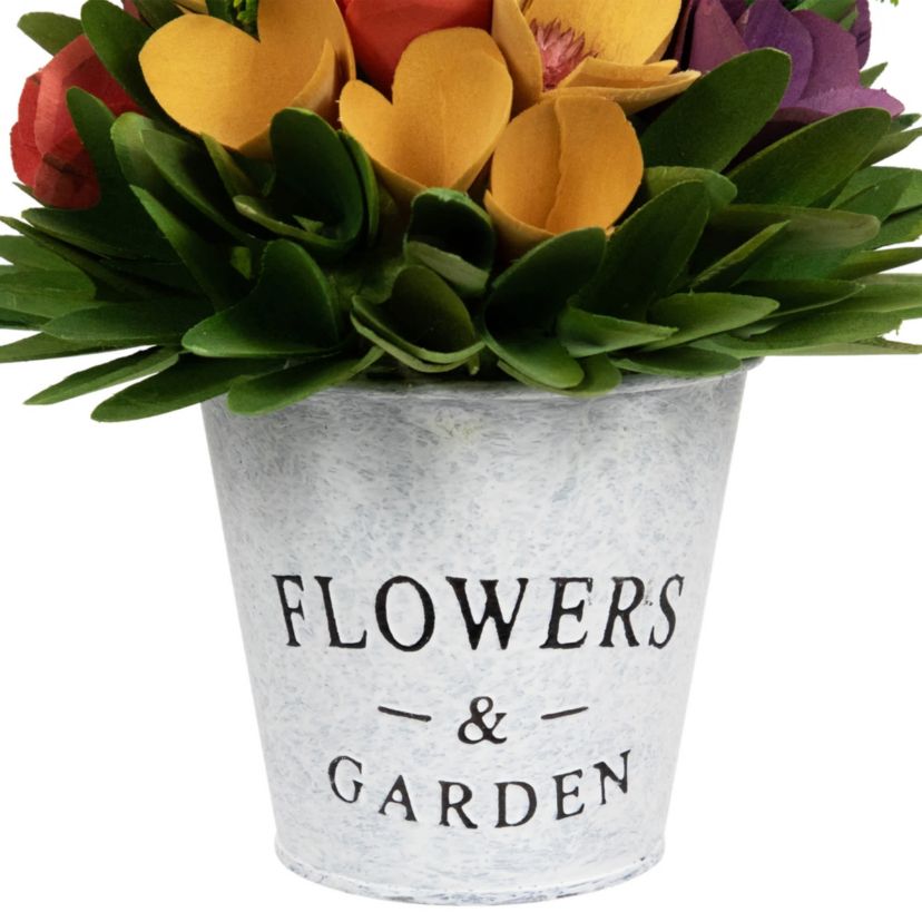 Wooden Artificial Spring Floral Arrangement with "Flowers and Garden" Pot - 8"