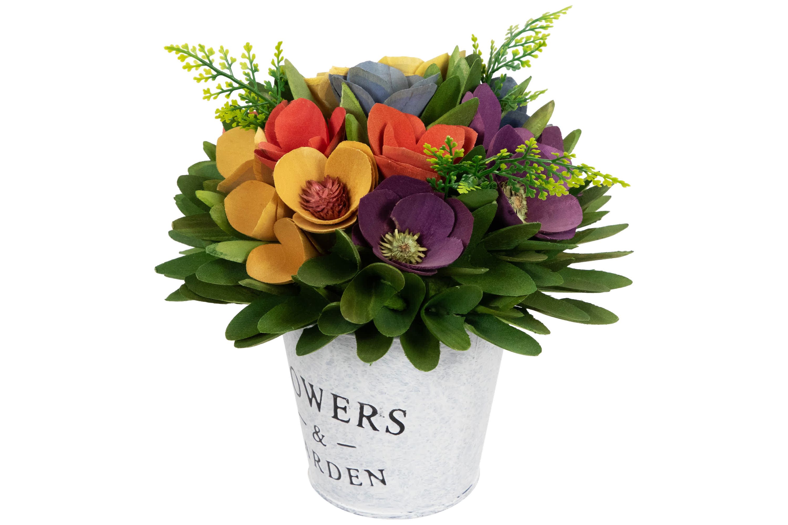 Wooden Artificial Spring Floral Arrangement with "Flowers and Garden" Pot - 8"
