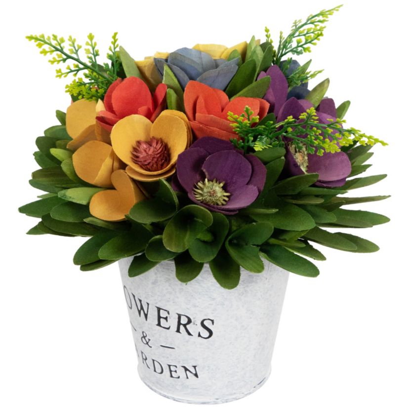 Wooden Artificial Spring Floral Arrangement with "Flowers and Garden" Pot - 8"
