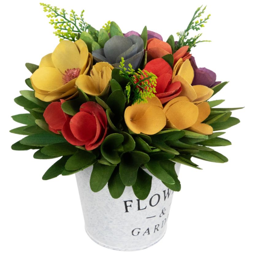 Wooden Artificial Spring Floral Arrangement with "Flowers and Garden" Pot - 8"