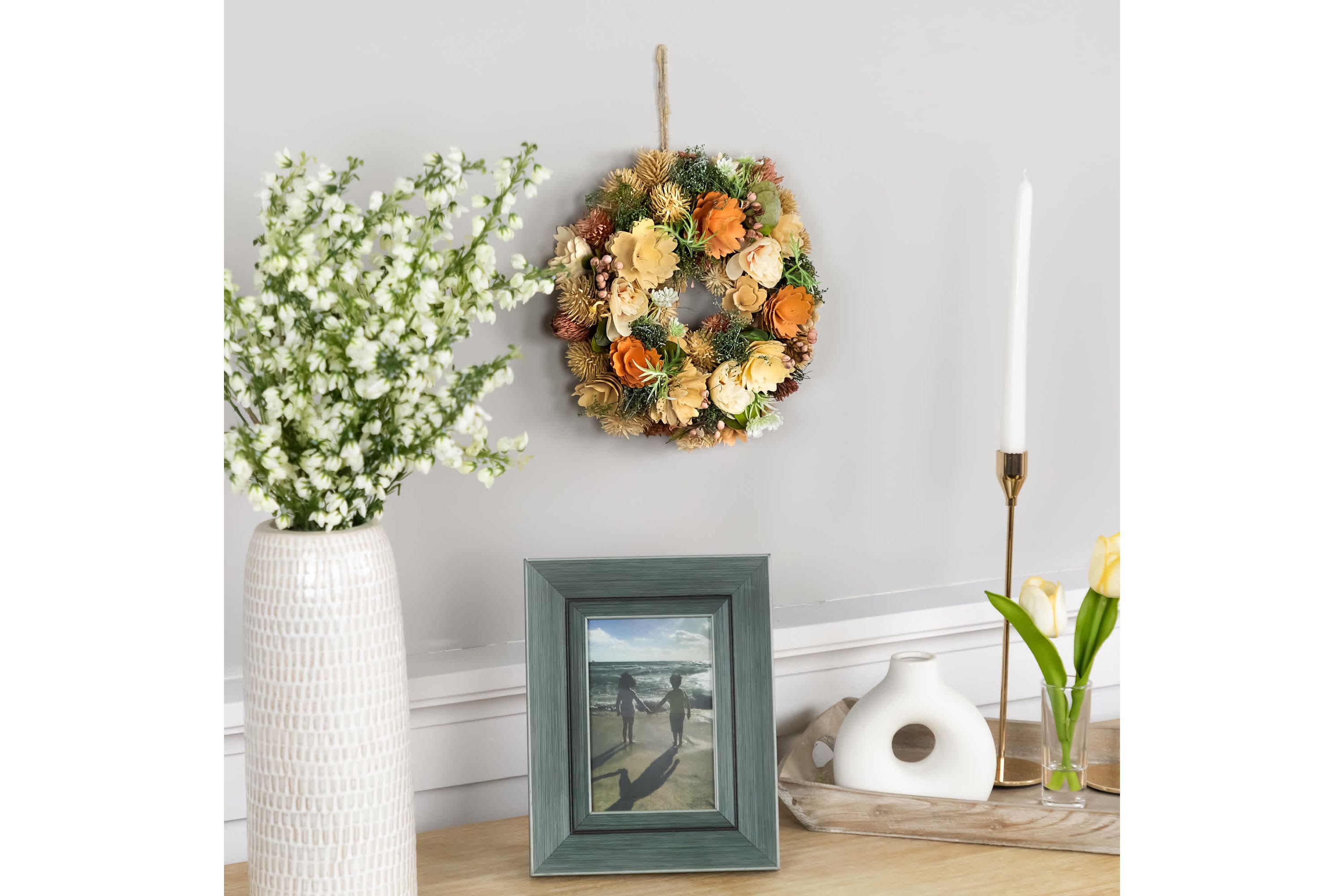 Mixed Floral Artificial Spring Wreath - 9.75" - Beige and Peach