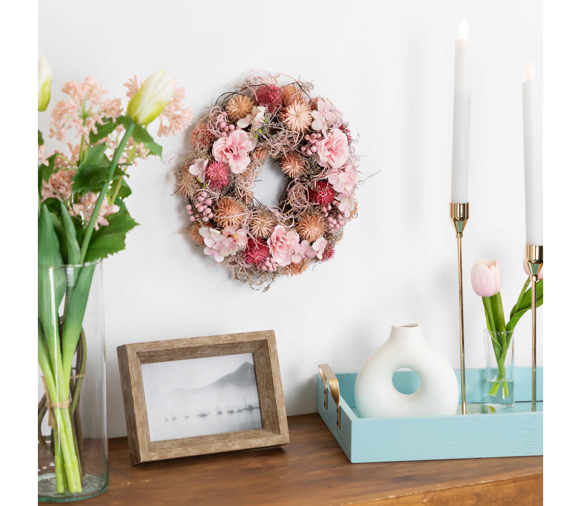 Mixed Floral Artificial Spring Wreath - 9.75" - Pink