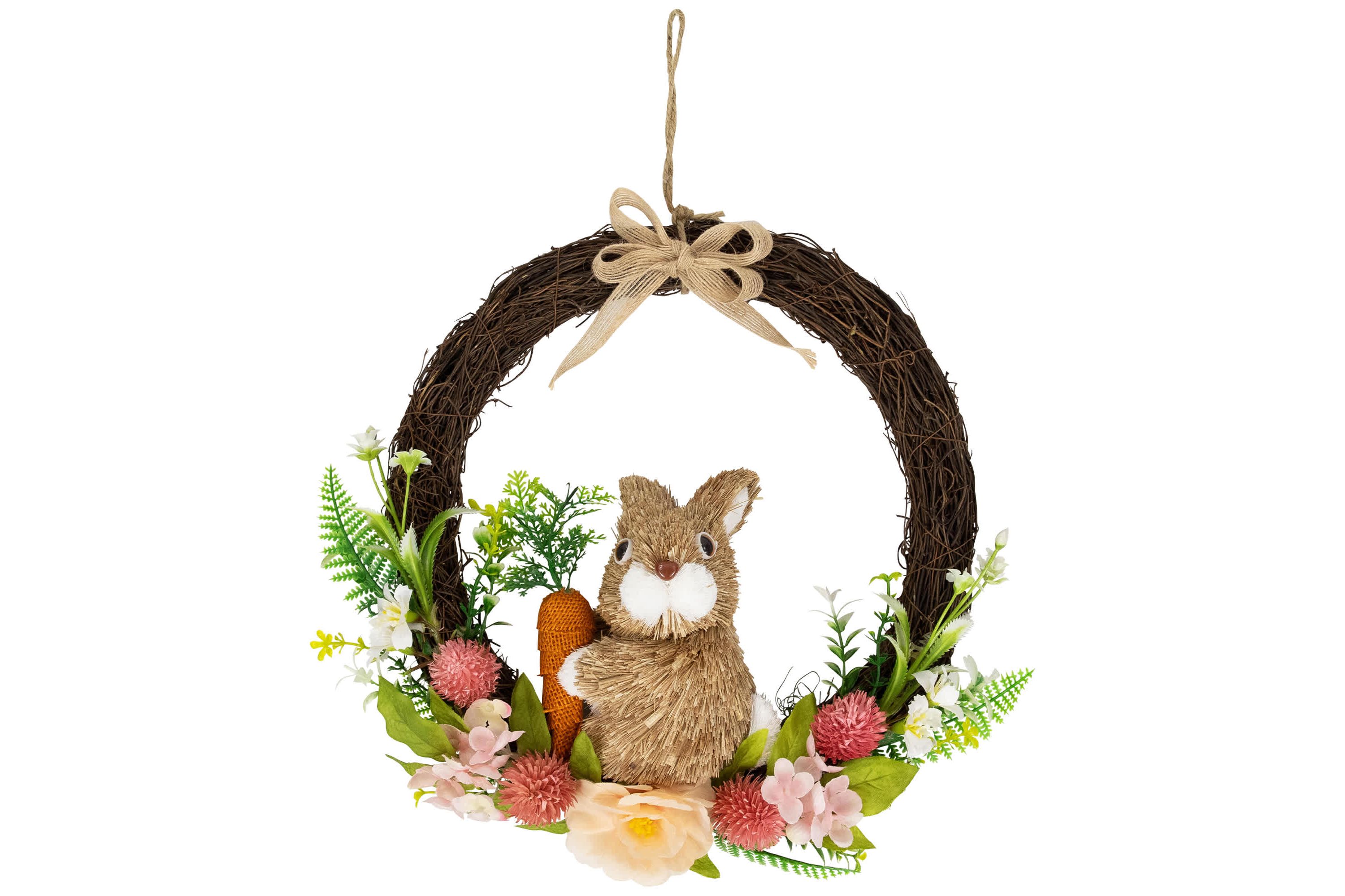 Floral Grapevine Spring Easter Wreath with Rabbit - 12"