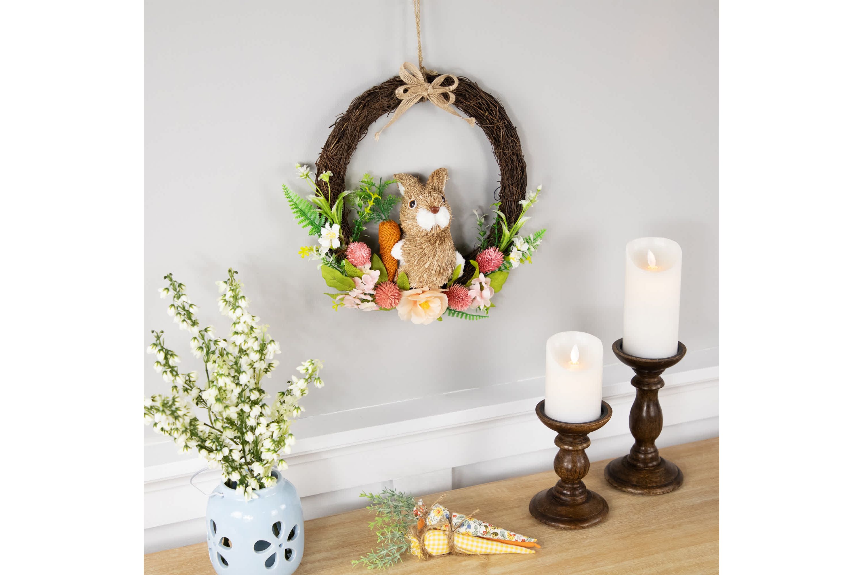 Floral Grapevine Spring Easter Wreath with Rabbit - 12"