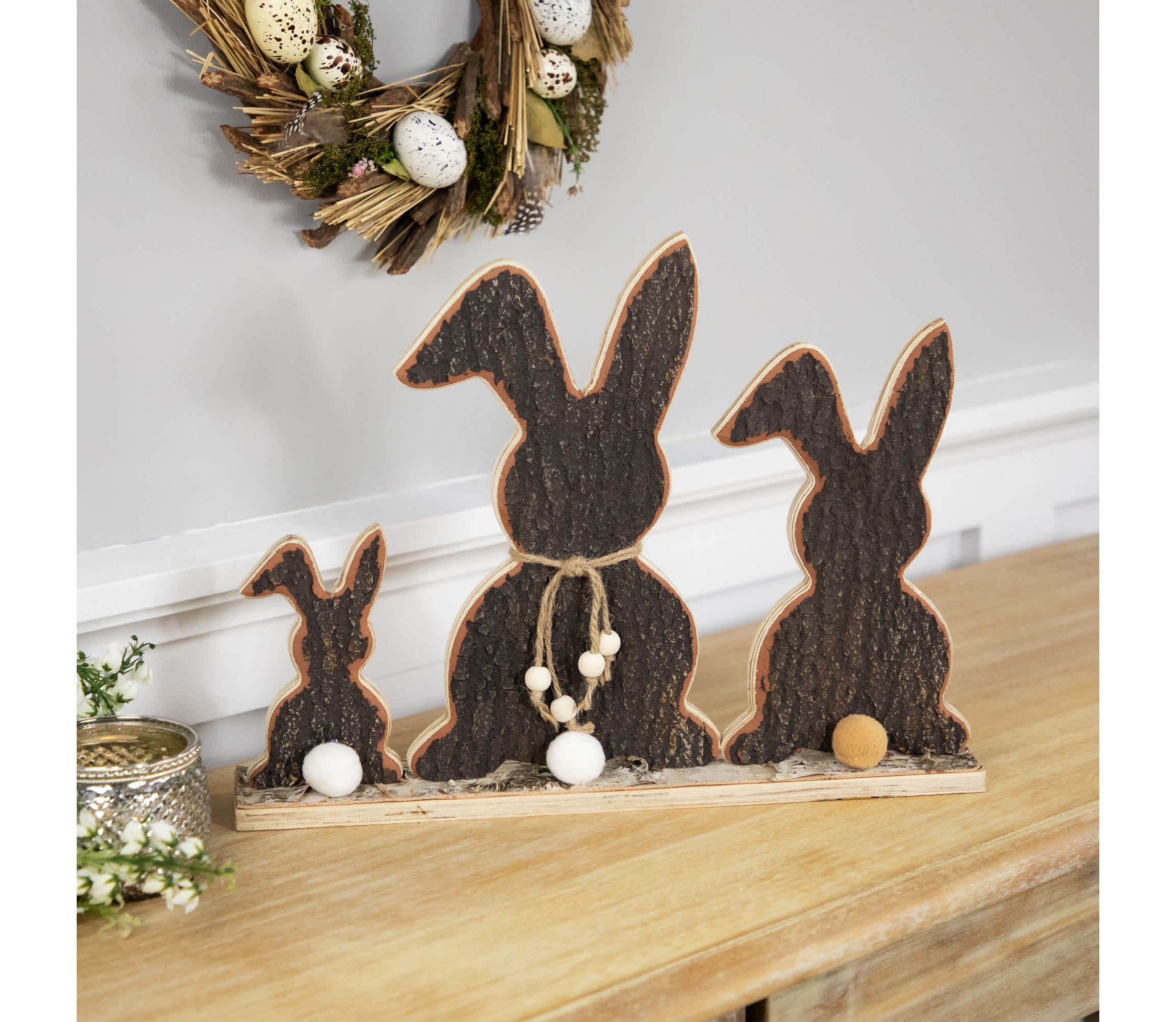 Rabbit Trio Wooden Tree Bark Easter Decoration - 15.75"
