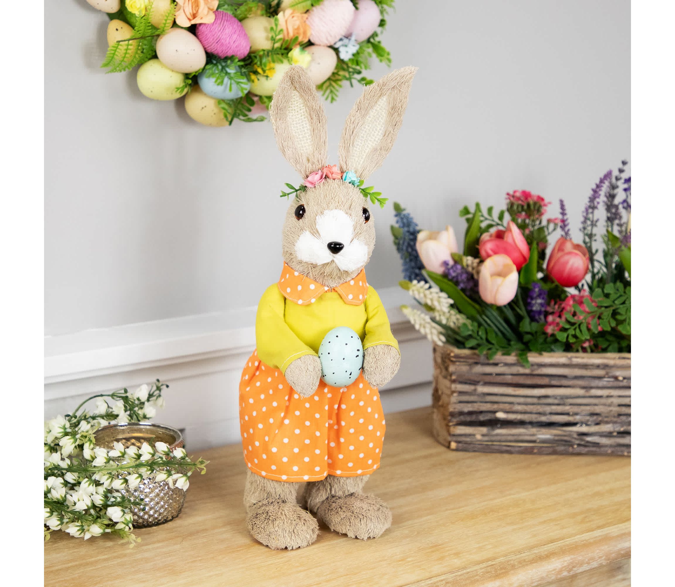 Standing Girl Rabbit with Easter Egg Figure - 15" - Orange and Green