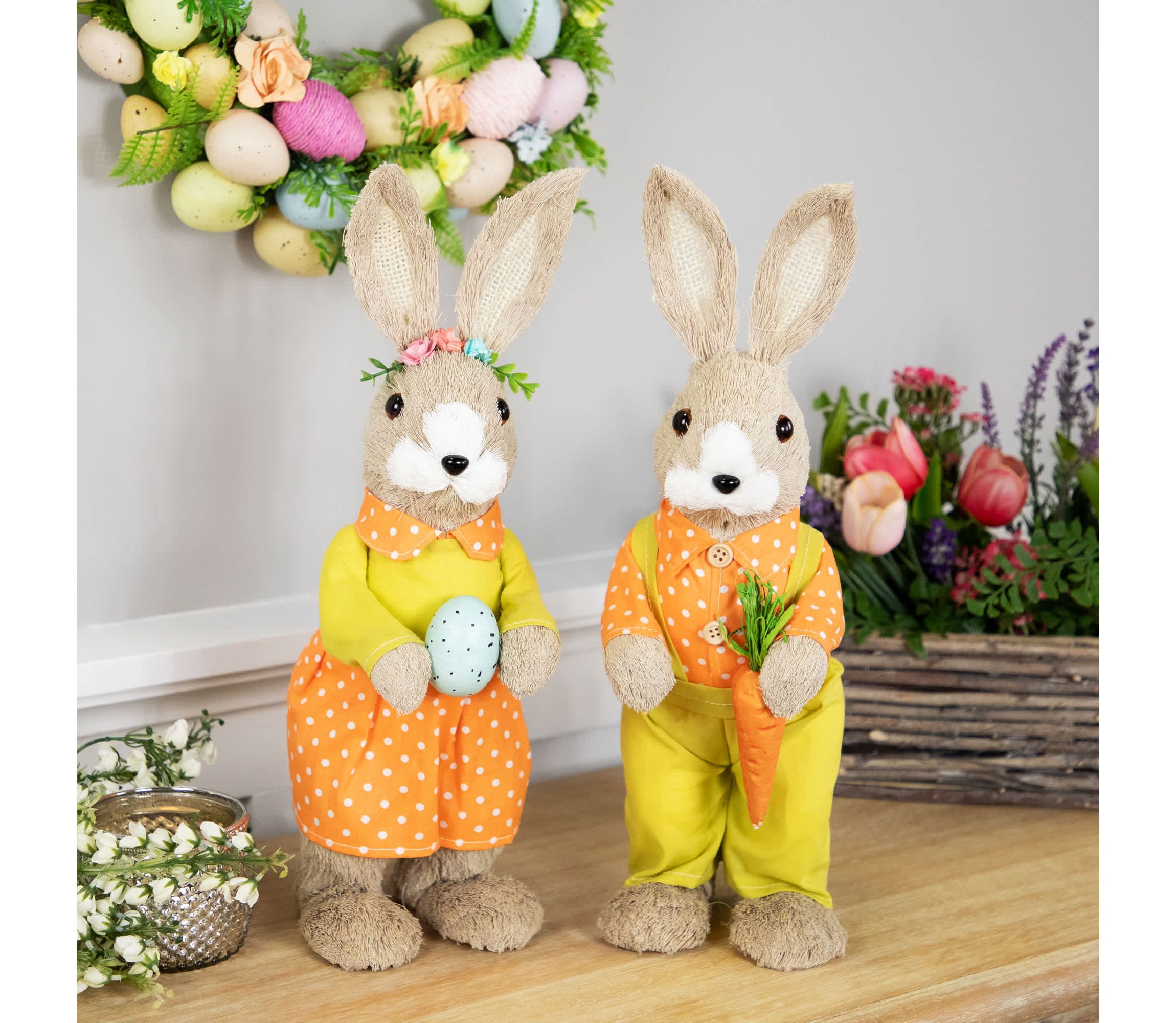 Standing Girl Rabbit with Easter Egg Figure - 15" - Orange and Green