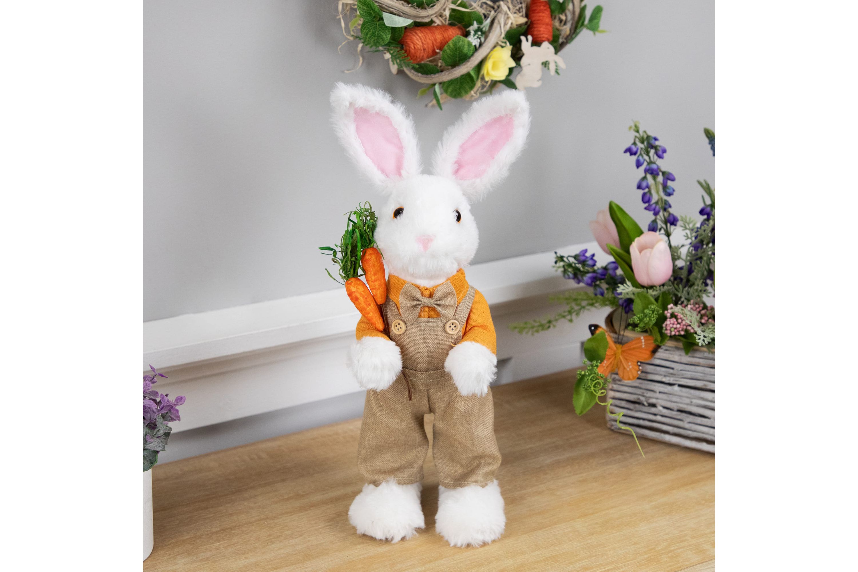 Plush Standing Boy Rabbit with Overalls Easter Figure - 15" - White and Tan