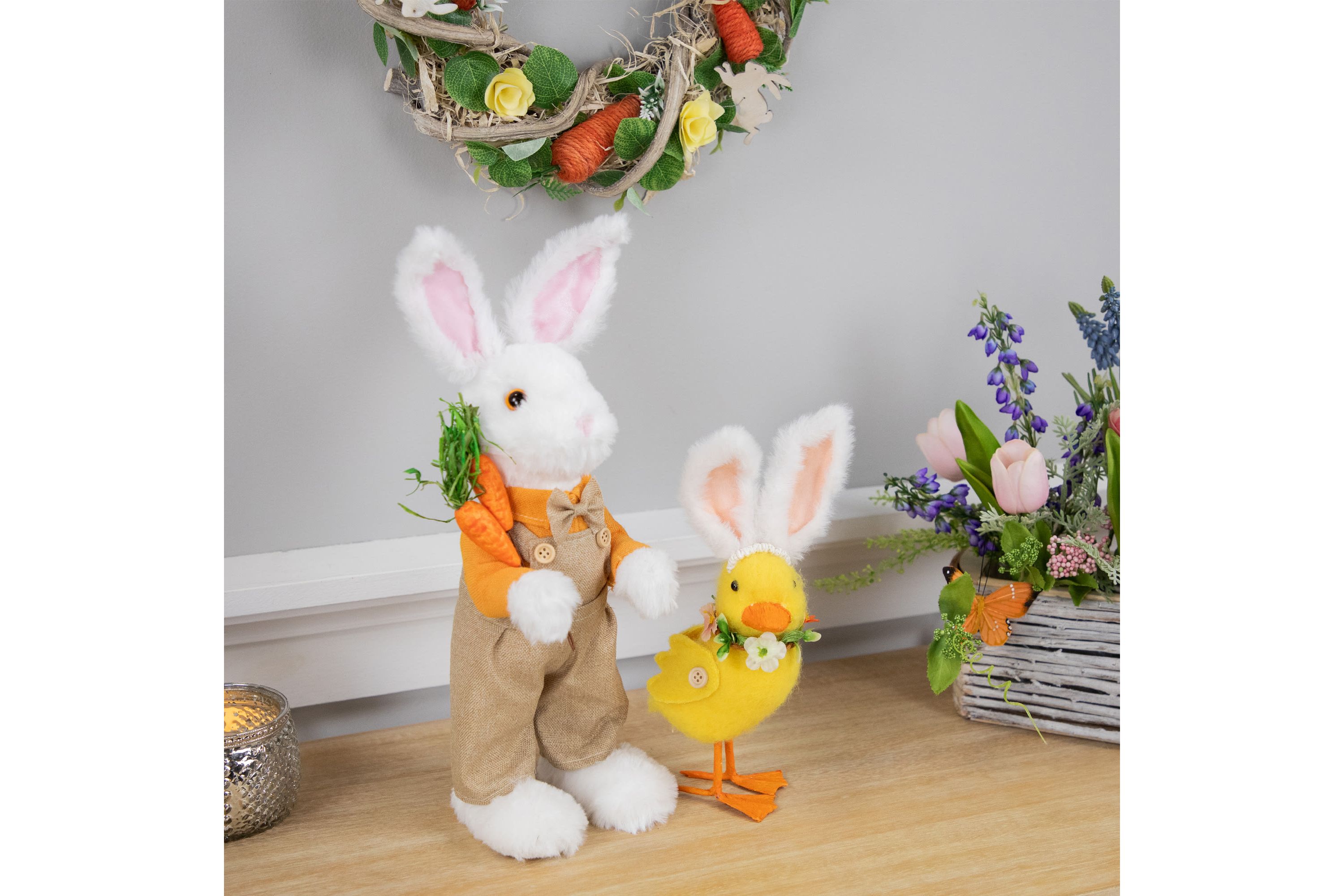 Plush Standing Boy Rabbit with Overalls Easter Figure - 15" - White and Tan