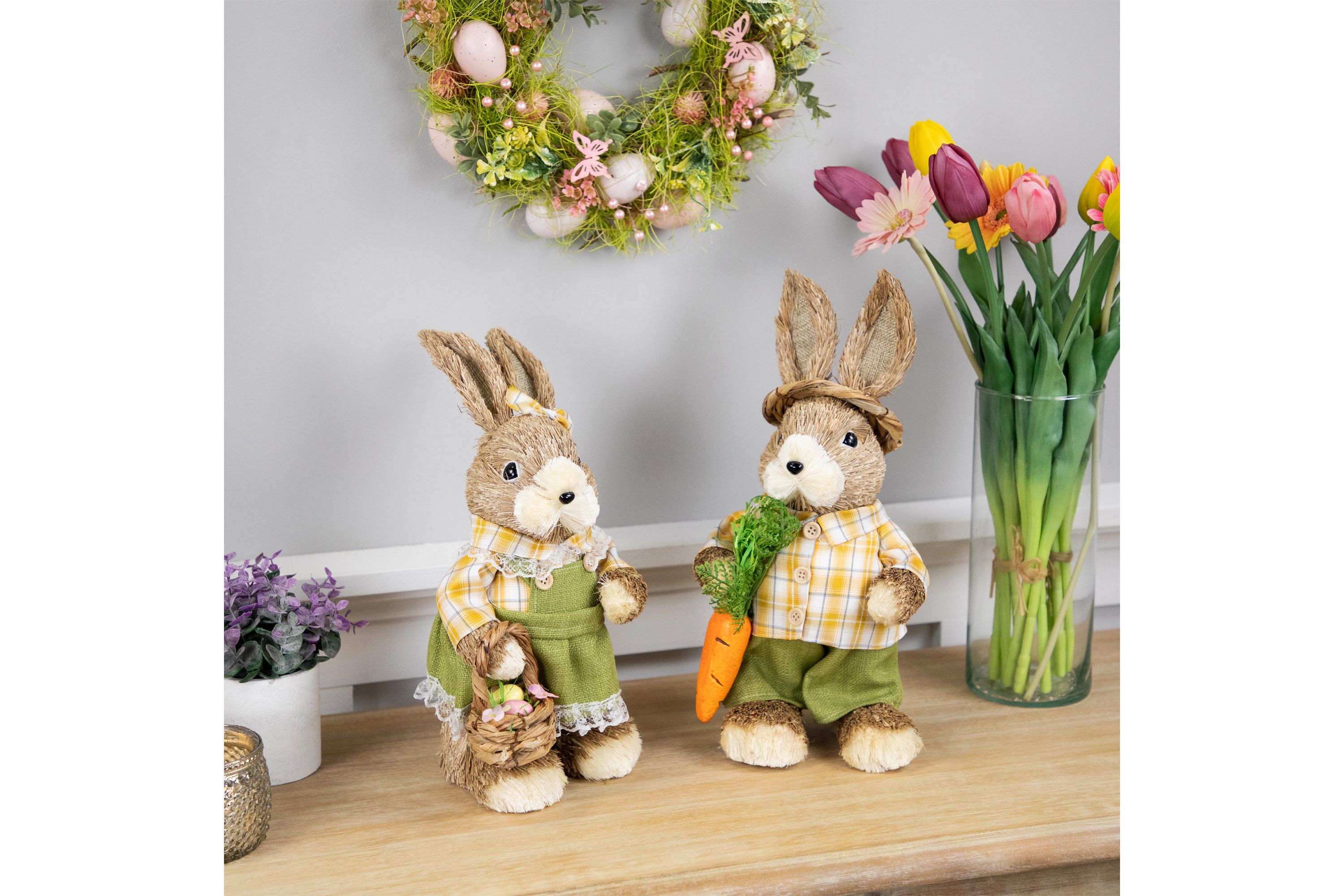 Rustic Girl Rabbit with Easter Basket Figure - 13.75" - Yellow and Green