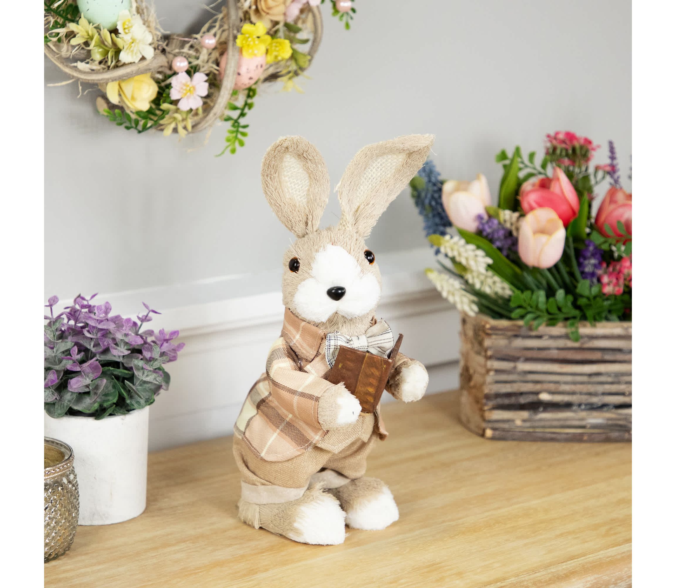 Boy Easter Rabbit Figurine with Plaid Jacket - 12" - Beige