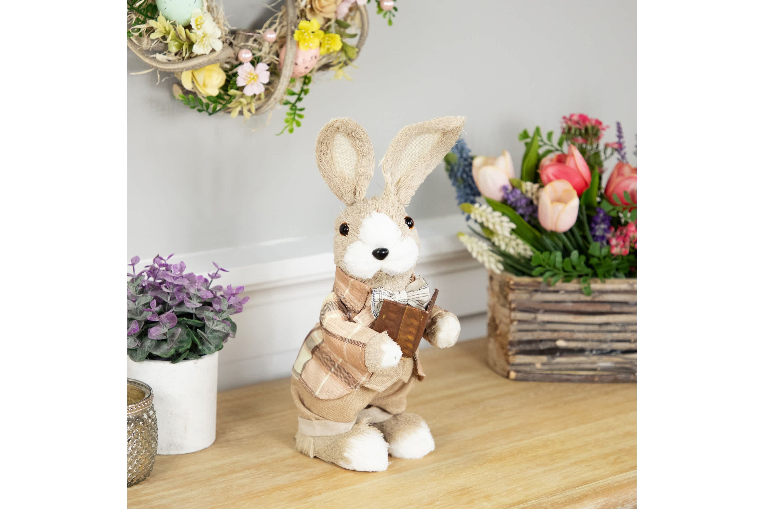 Boy Easter Rabbit Figurine with Plaid Jacket - 12" - Beige