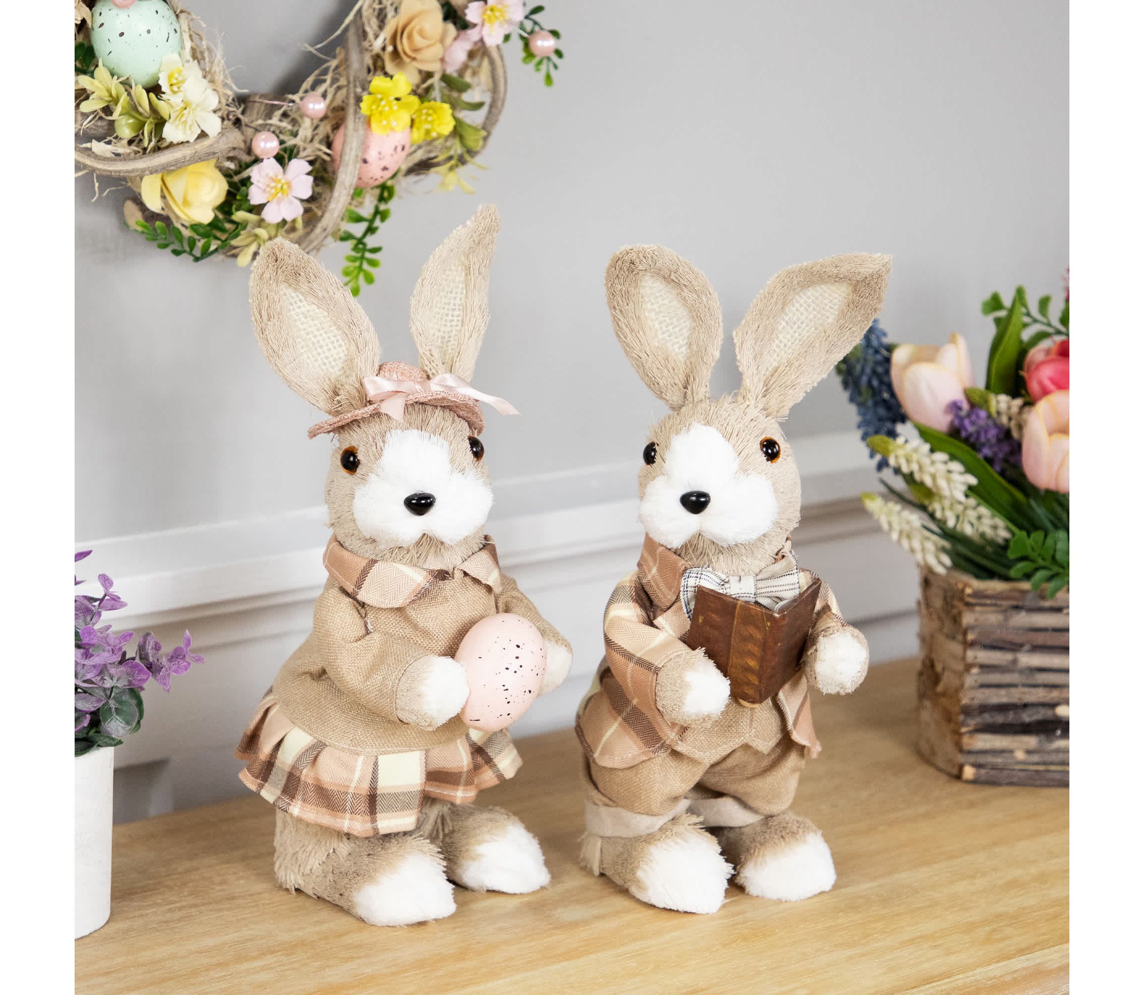 Boy Easter Rabbit Figurine with Plaid Jacket - 12" - Beige