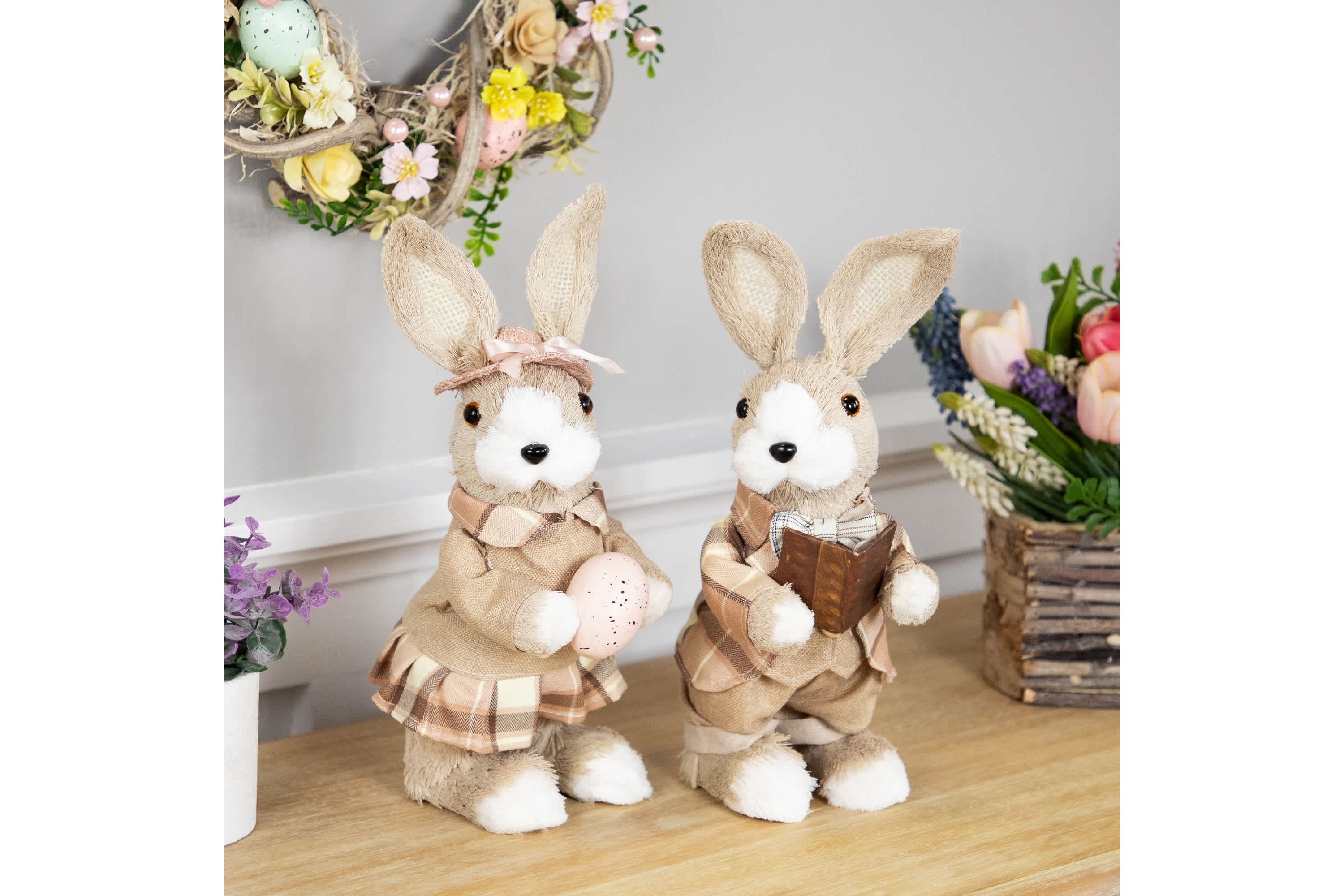 Boy Easter Rabbit Figurine with Plaid Jacket - 12" - Beige