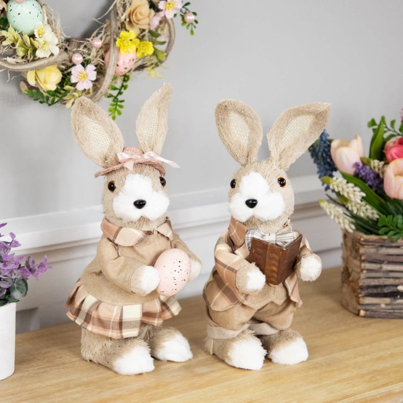 Boy Easter Rabbit Figurine with Plaid Jacket - 12" - Beige