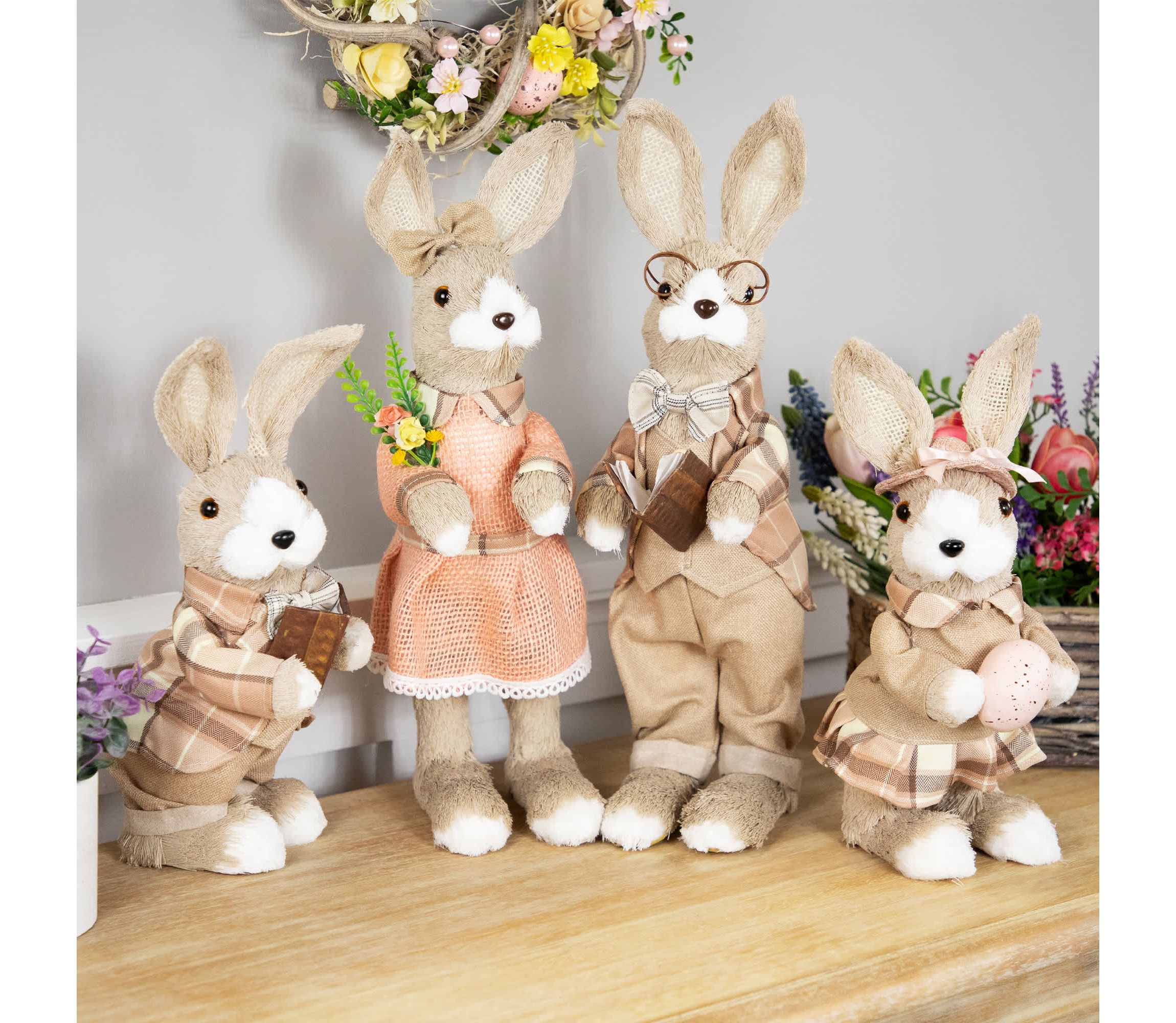 Boy Easter Rabbit Figurine with Plaid Jacket - 12" - Beige