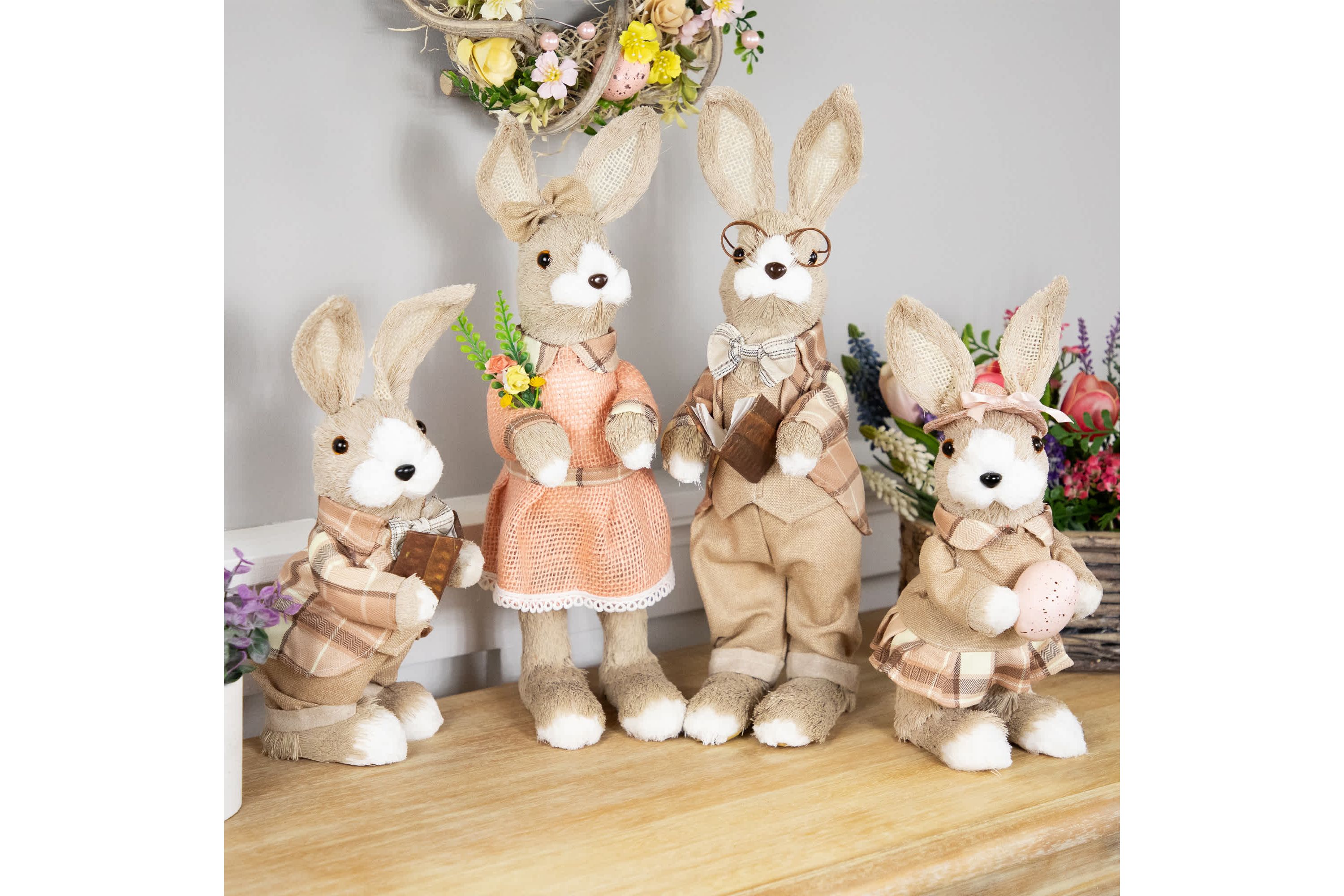 Boy Easter Rabbit Figurine with Plaid Jacket - 12" - Beige