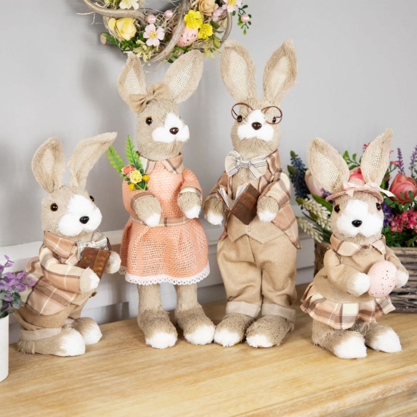 Boy Easter Rabbit Figurine with Plaid Jacket - 12" - Beige