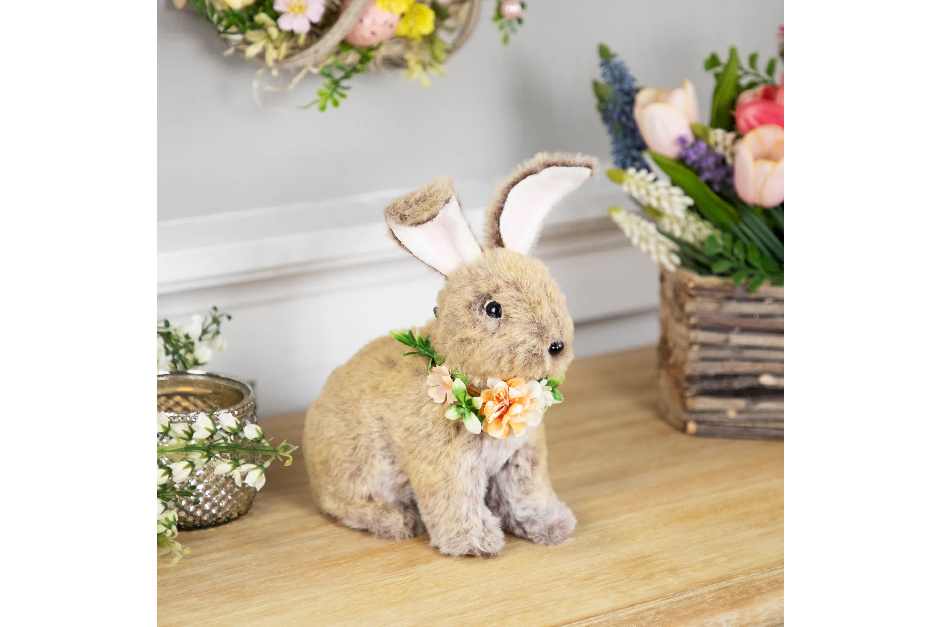 Plush Rabbit with Flower Wreath Easter Figurine - 8.5"