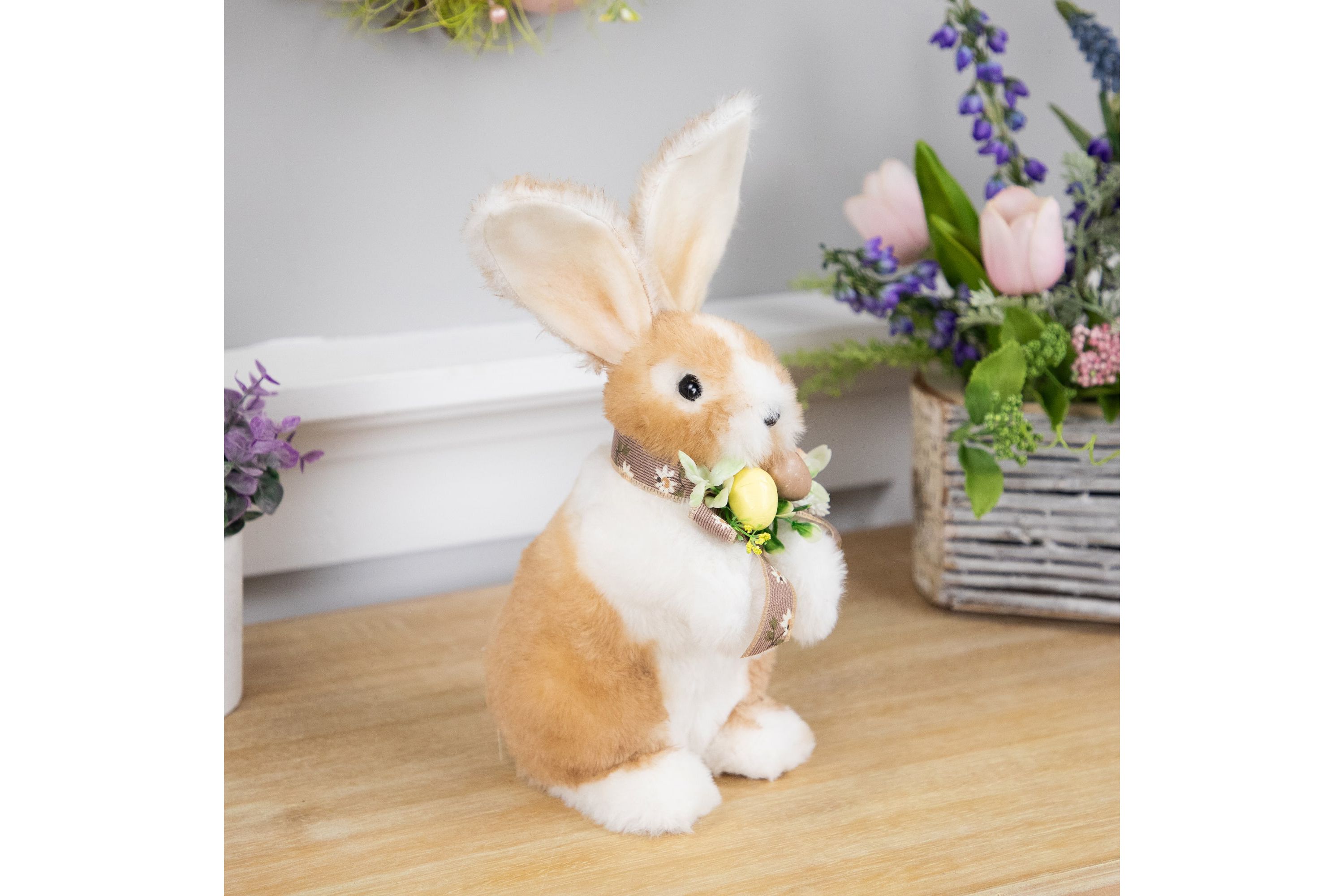 Plush Rabbit with Floral Bow Easter Figurine - 10.25"