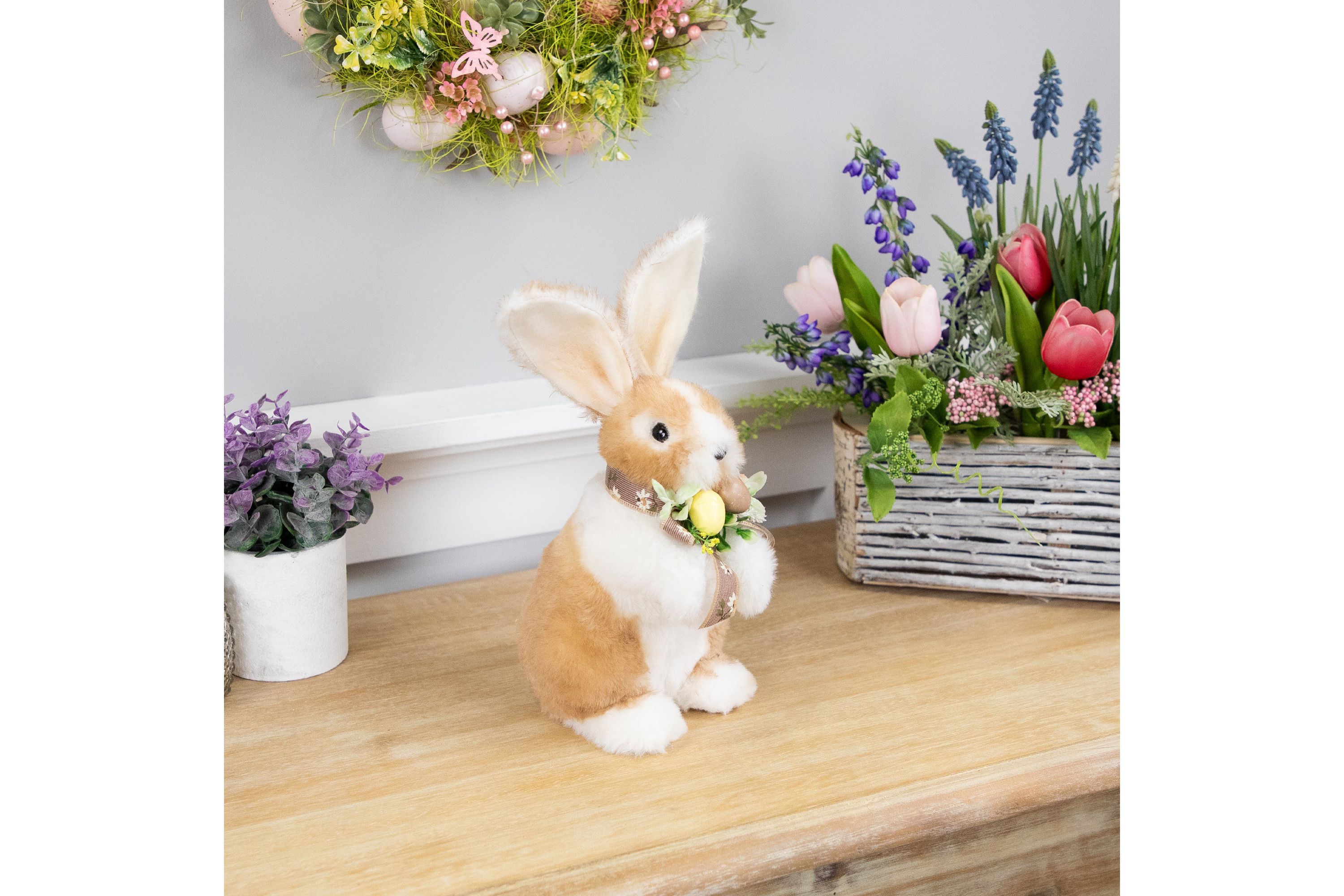Plush Rabbit with Floral Bow Easter Figurine - 10.25"