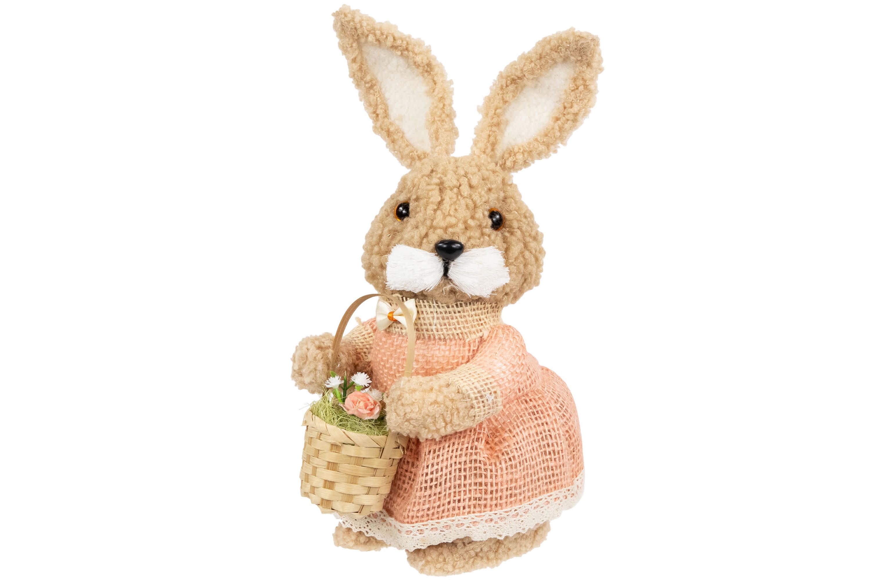 Plush Girl Easter Rabbit Figurine with Basket - 10"