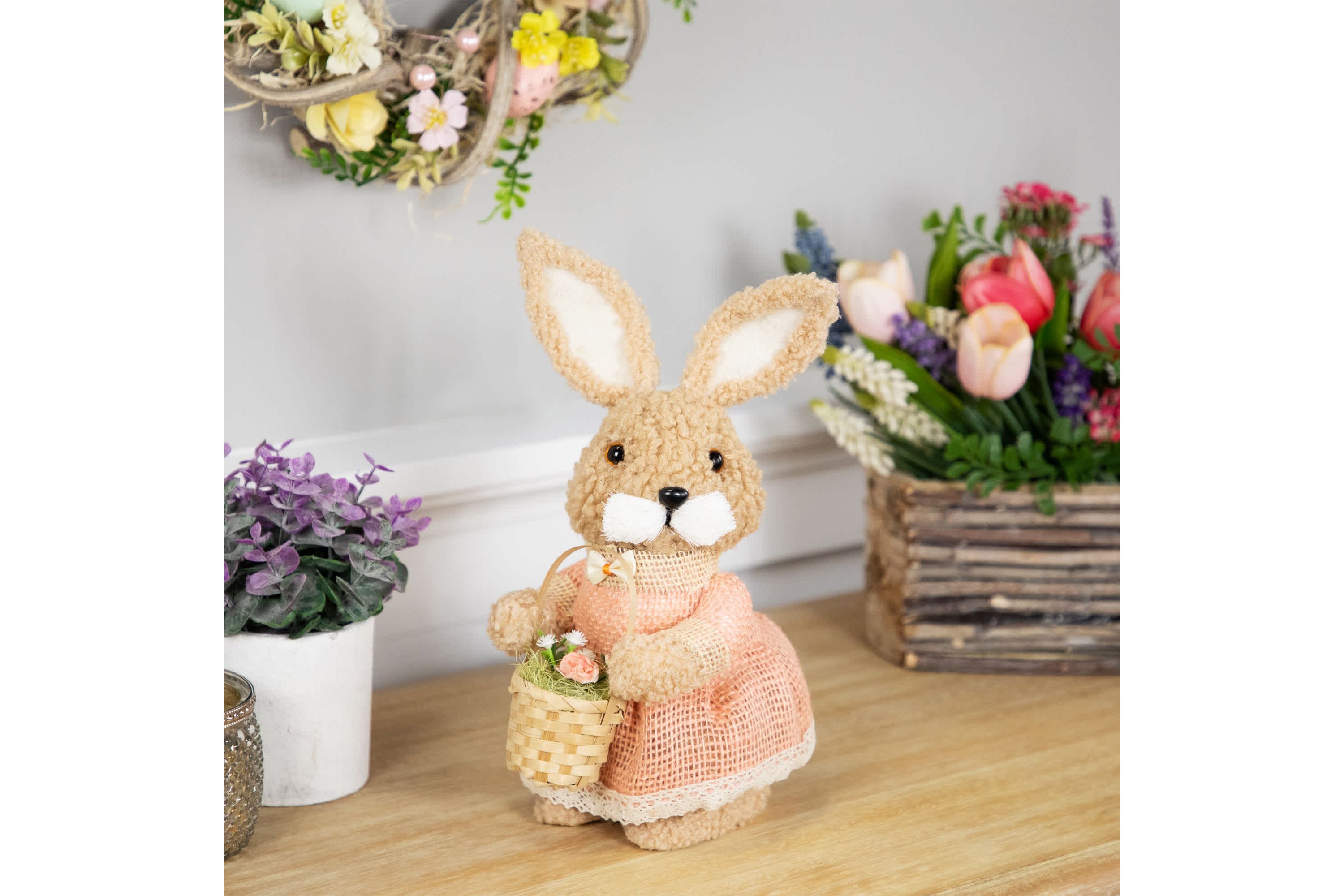 Plush Girl Easter Rabbit Figurine with Basket - 10"