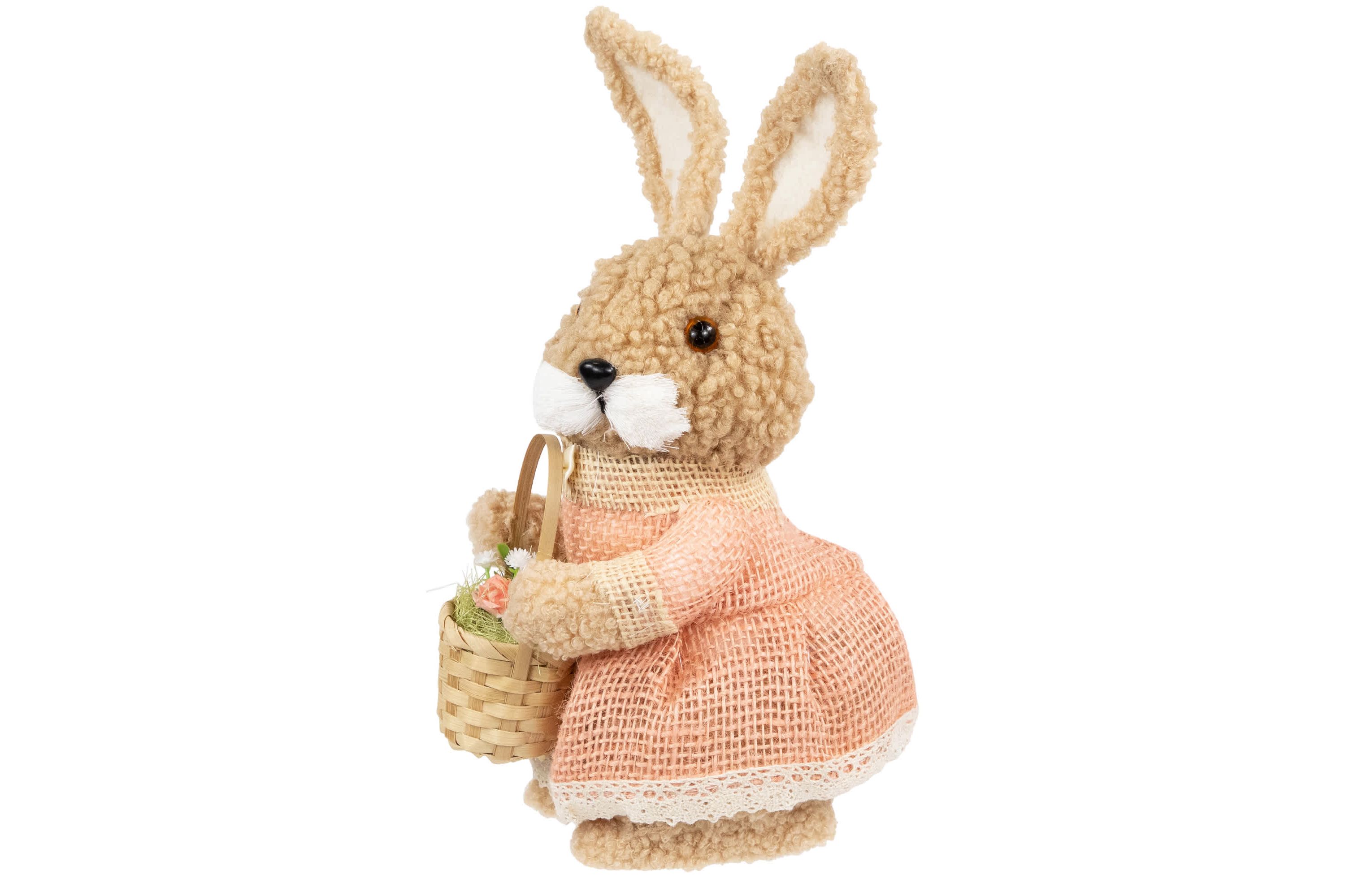 Plush Girl Easter Rabbit Figurine with Basket - 10"