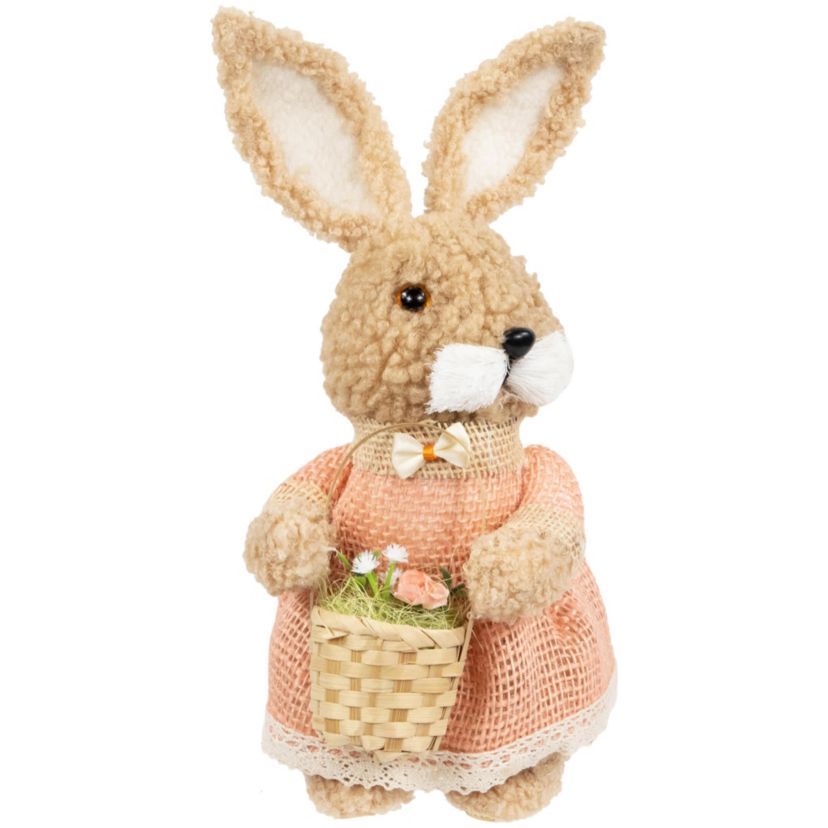 Plush Girl Easter Rabbit Figurine with Basket - 10"