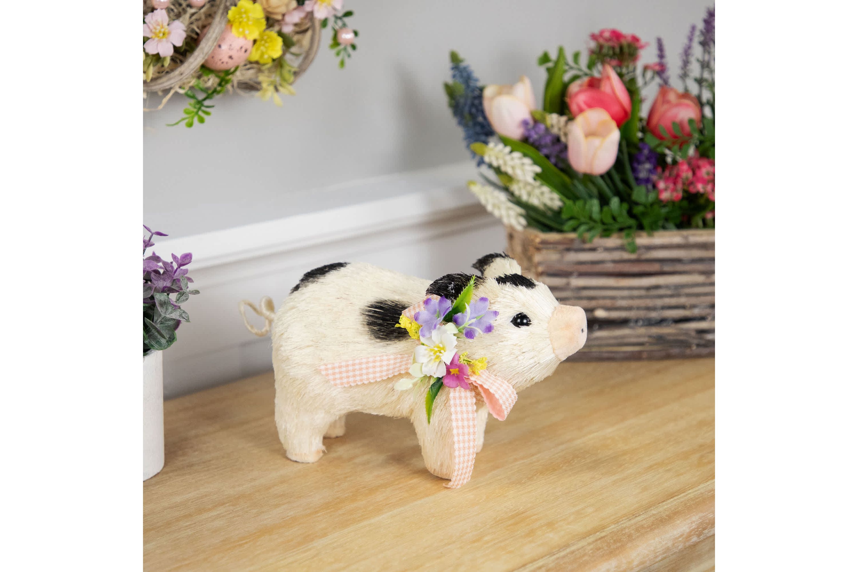 Spotted Piglet with Bow and Flowers Spring Figurine - 9"