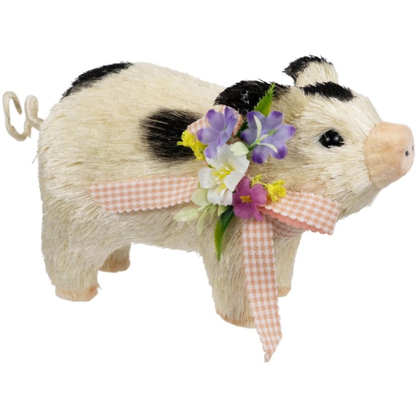 Spotted Piglet with Bow and Flowers Spring Figurine - 9"