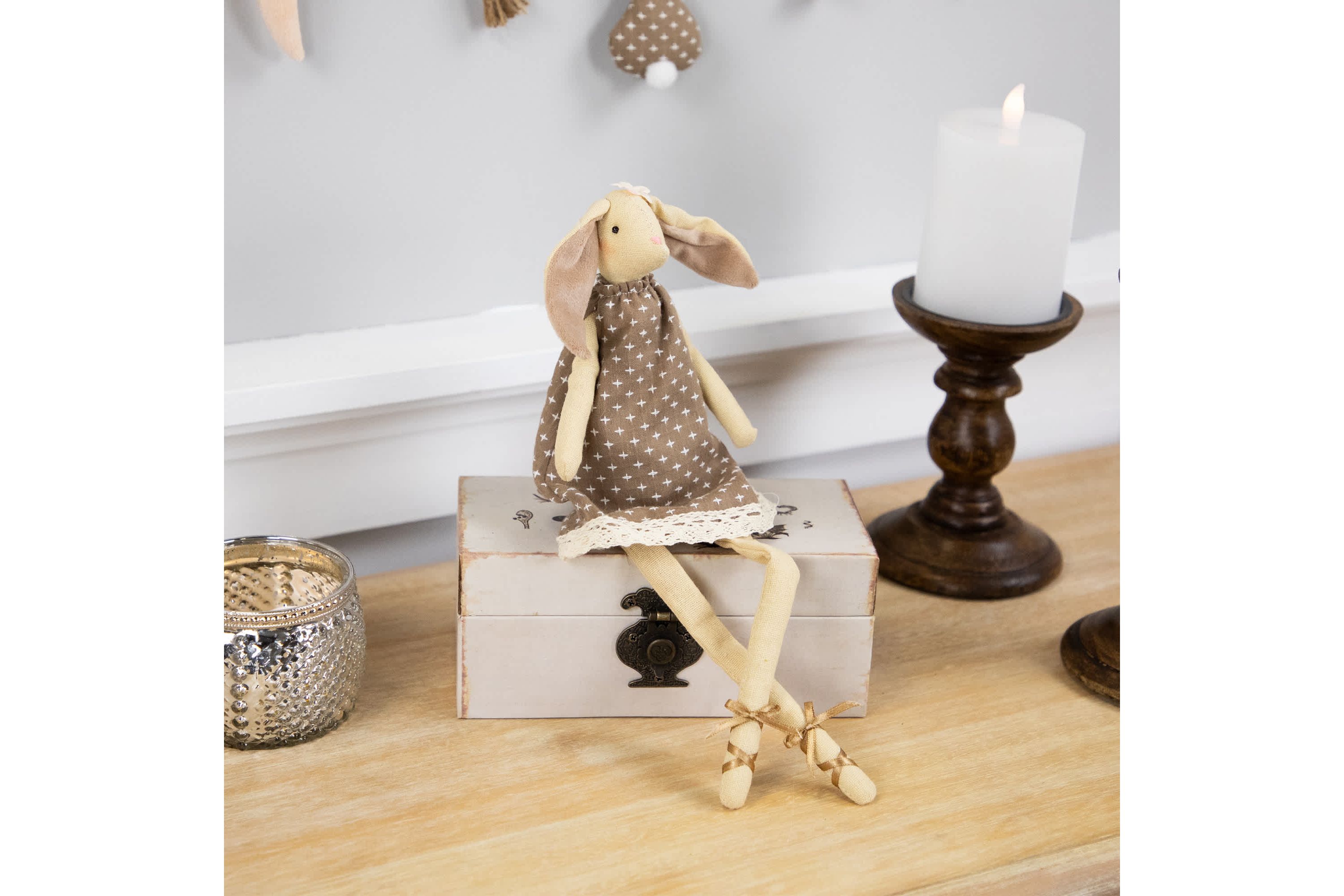 Long Legged Sitting Ballerina Girl Bunny Easter Figure - 12" - Beige and Brown