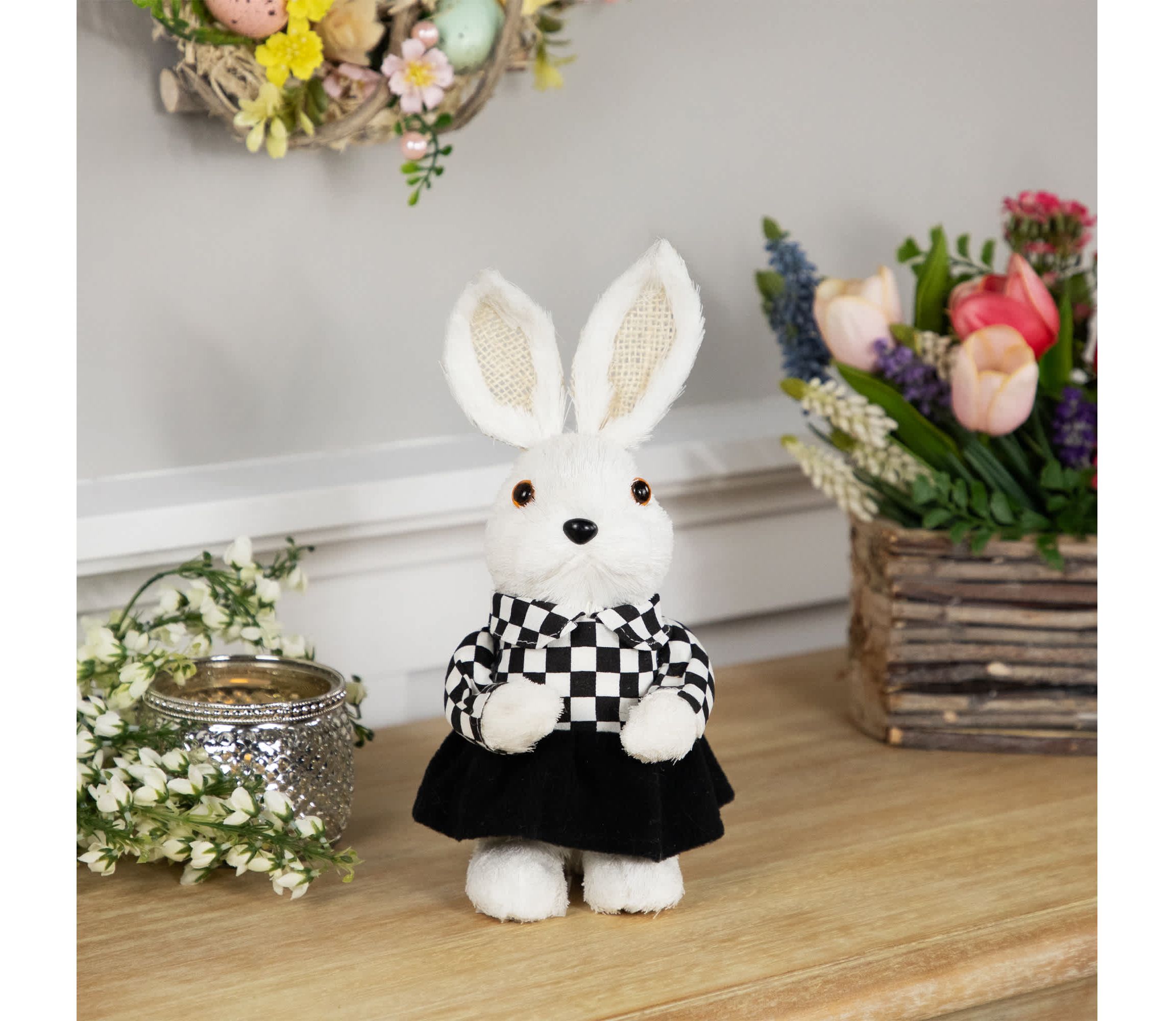 Girl Easter Rabbit Figurine in Checkered Dress -10"