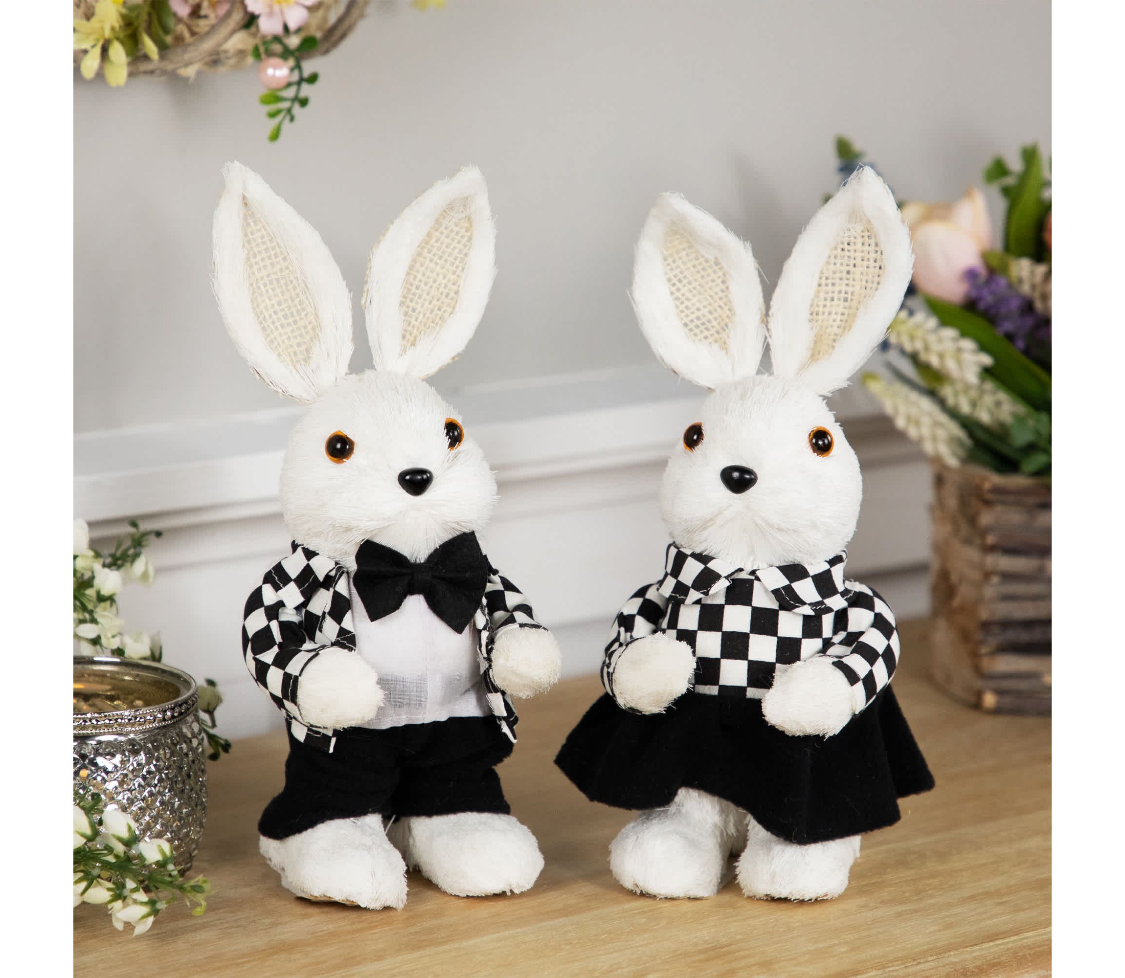 Girl Easter Rabbit Figurine in Checkered Dress -10"