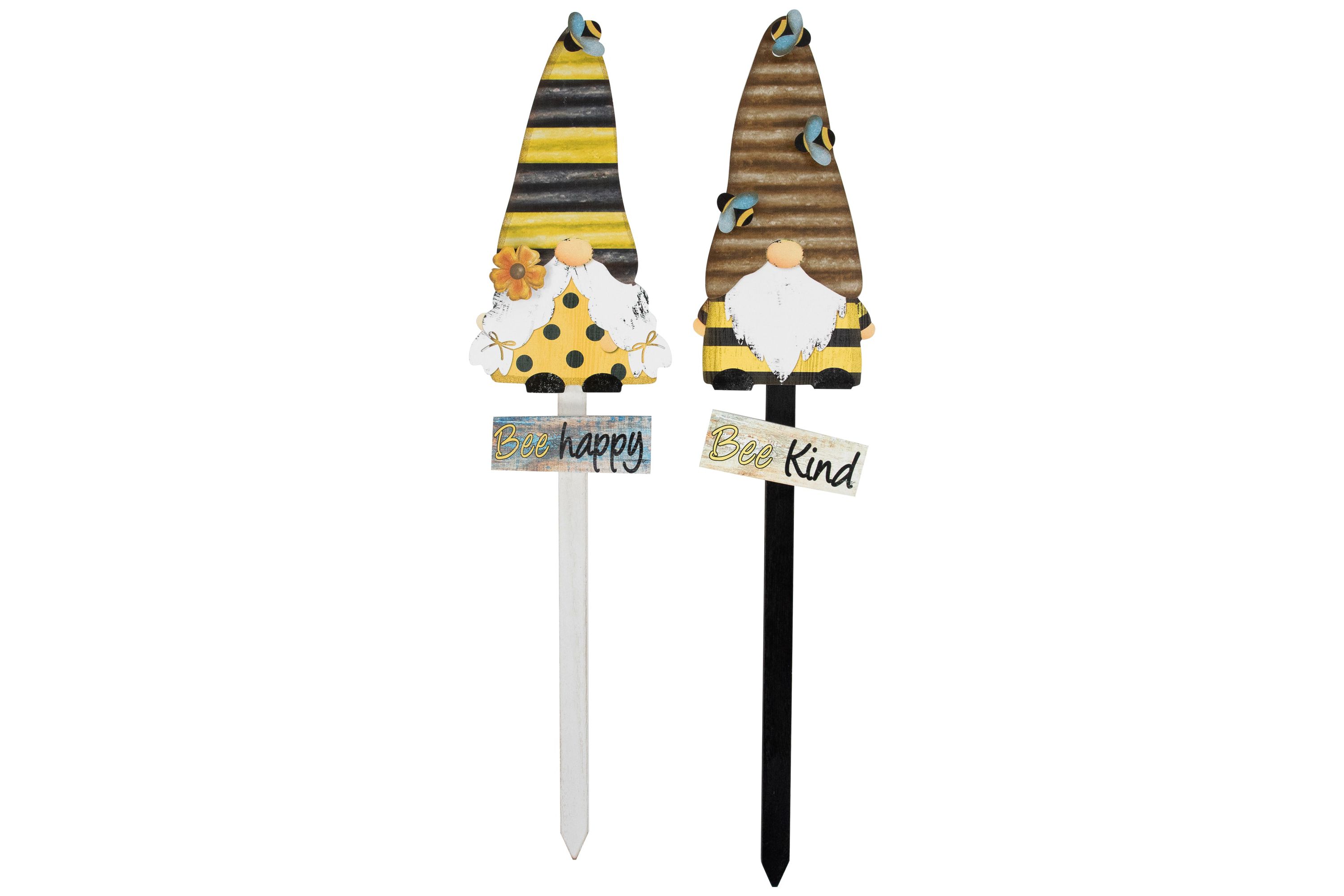 Bee Gnomes Wooden Garden Stakes - 24" - Set of 2