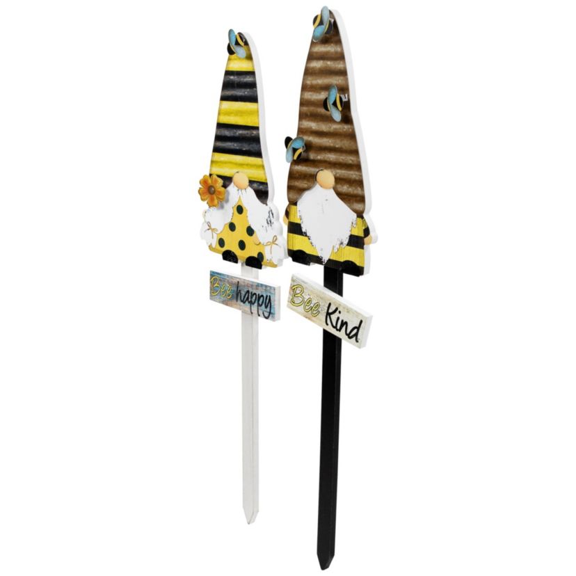 Bee Gnomes Wooden Garden Stakes - 24" - Set of 2