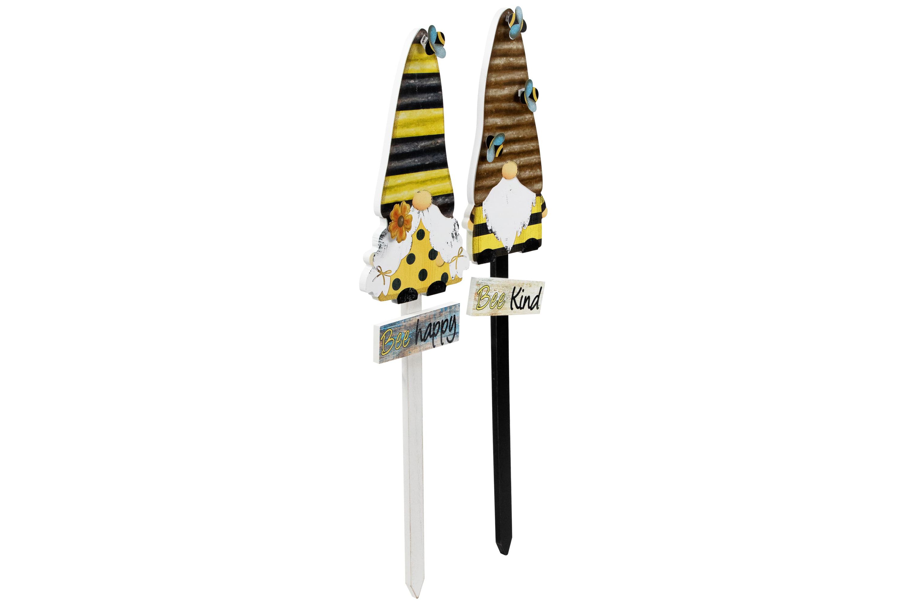 Bee Gnomes Wooden Garden Stakes - 24" - Set of 2