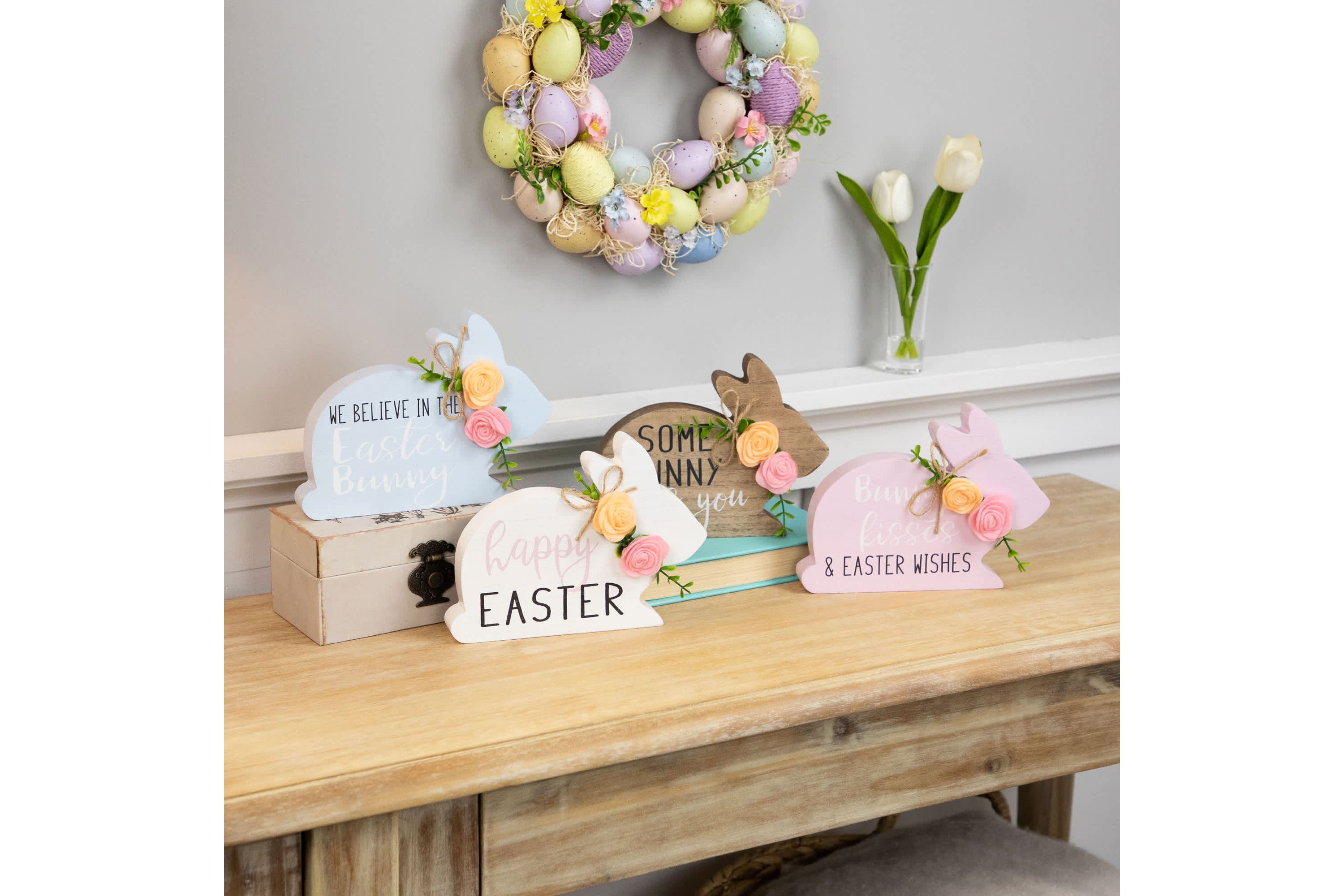 Floral Bunnies Wooden Easter Signs - 7.75" - Set of 4