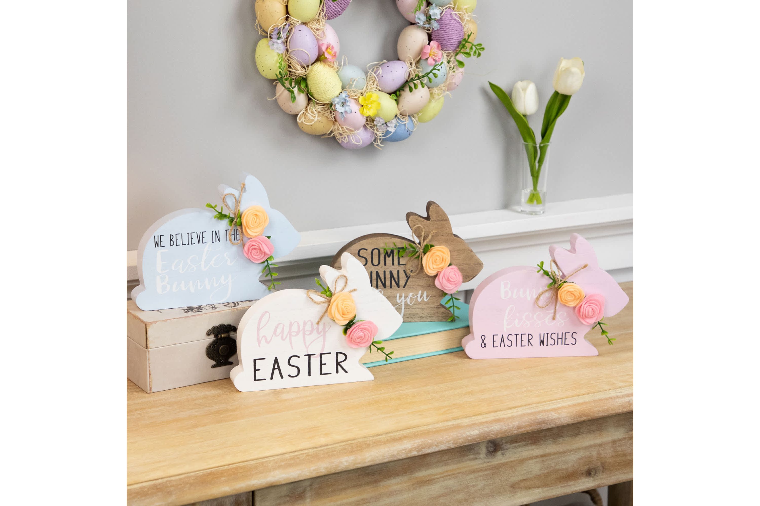 Floral Bunnies Wooden Easter Signs - 7.75" - Set of 4