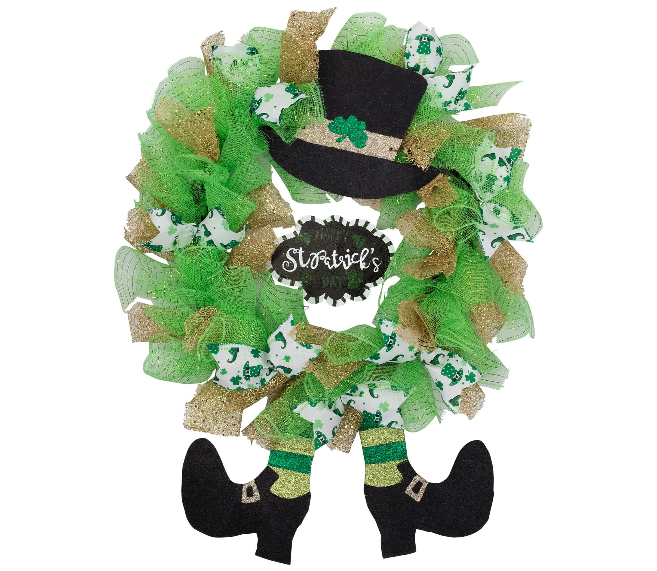 Happy St. Patricks Day Ribbon Wreath with Leprechaun Hat - 24" - Unlit