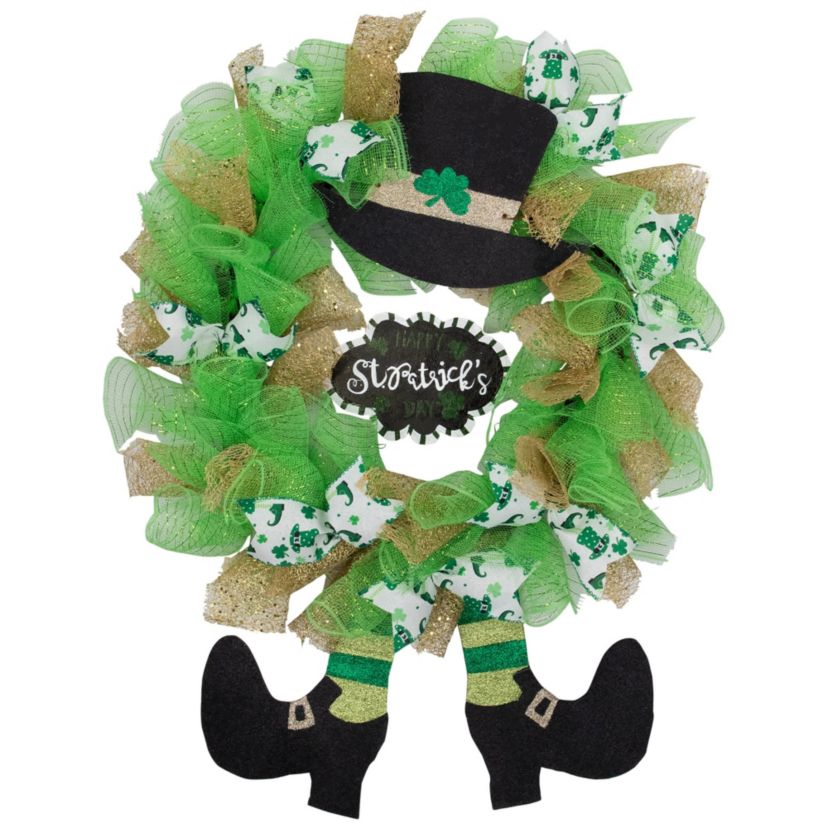Happy St. Patricks Day Ribbon Wreath with Leprechaun Hat - 24" - Unlit
