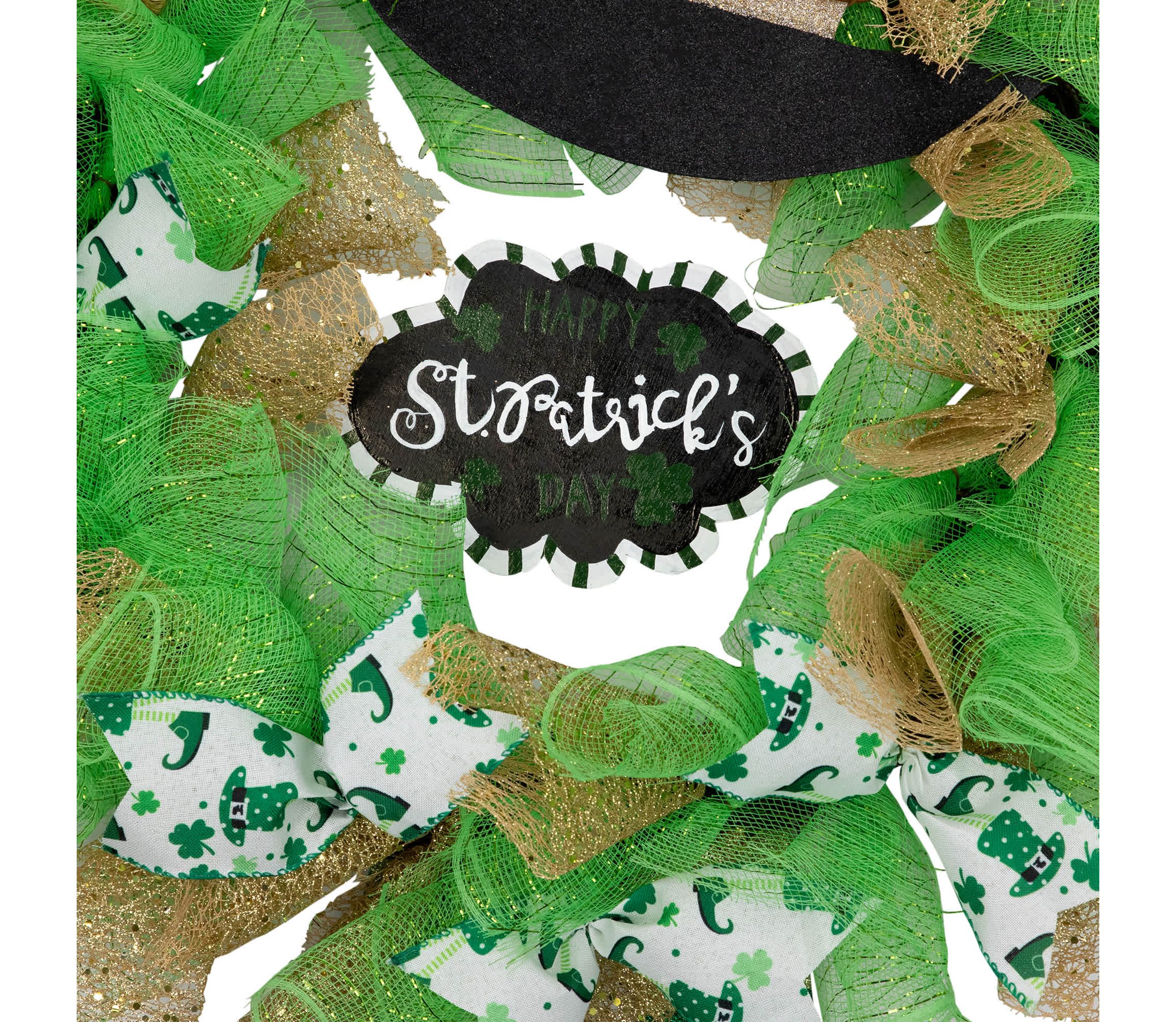 Happy St. Patricks Day Ribbon Wreath with Leprechaun Hat - 24" - Unlit