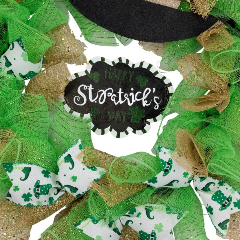 Happy St. Patricks Day Ribbon Wreath with Leprechaun Hat - 24" - Unlit