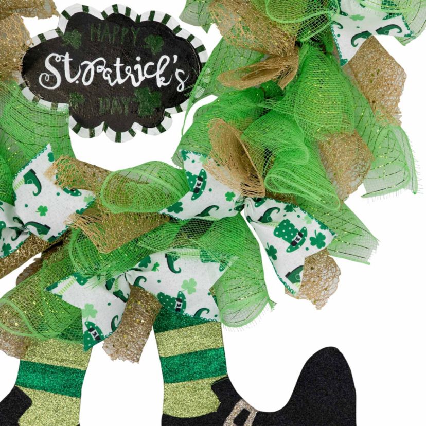 Happy St. Patricks Day Ribbon Wreath with Leprechaun Hat - 24" - Unlit