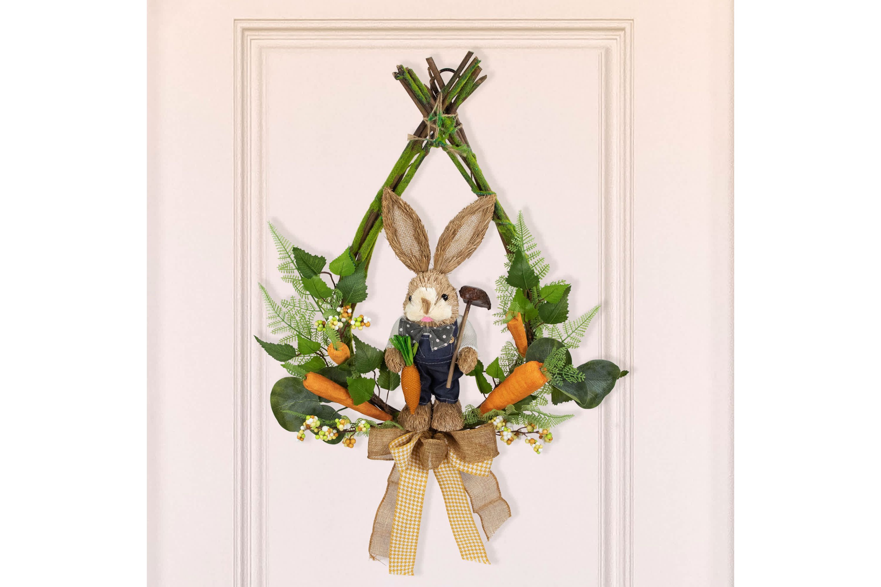 Farmer Bunny Moss Vines Teardrop Easter Wreath - 22" - Green and Orange - Unlit