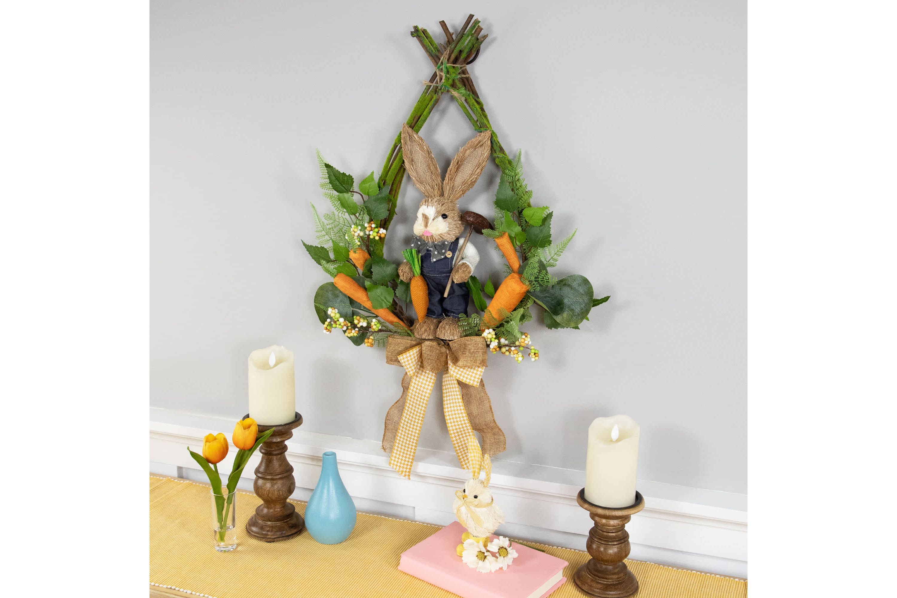 Farmer Bunny Moss Vines Teardrop Easter Wreath - 22" - Green and Orange - Unlit