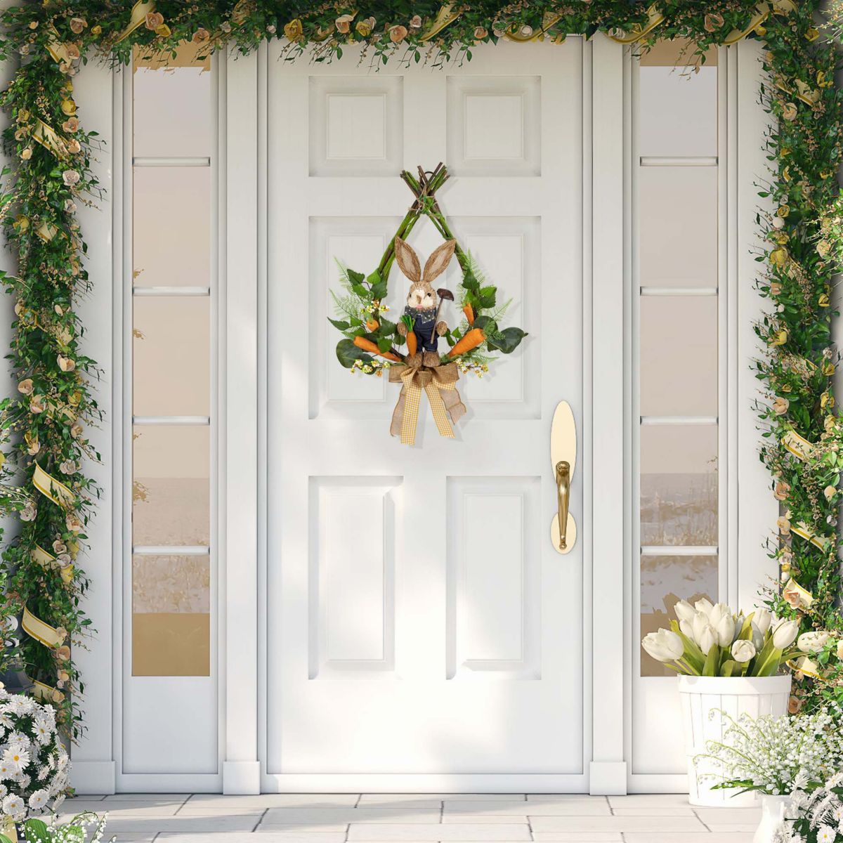 Farmer Bunny Moss Vines Teardrop Easter Wreath - 22" - Green and Orange - Unlit