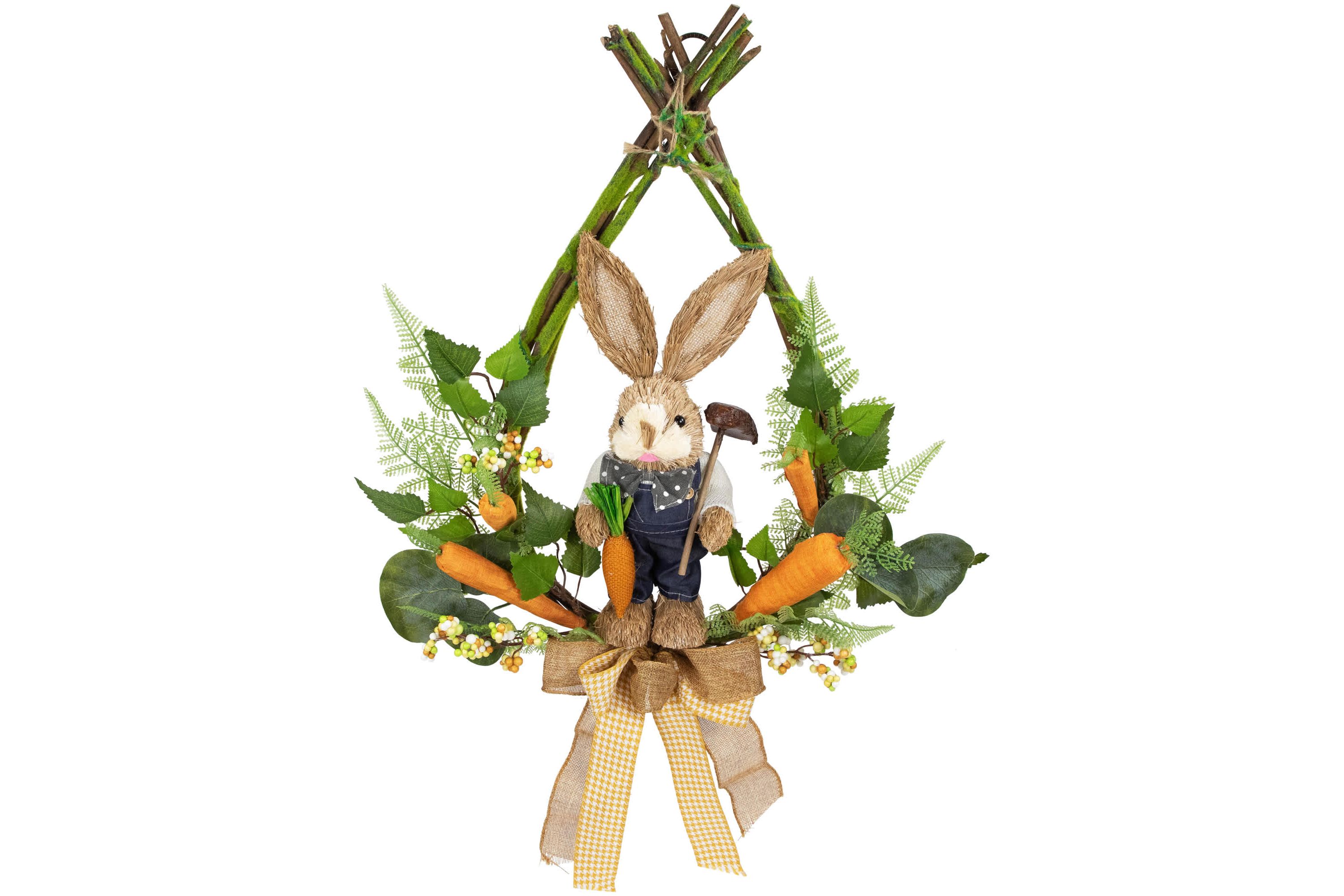 Farmer Bunny Moss Vines Teardrop Easter Wreath - 22" - Green and Orange - Unlit