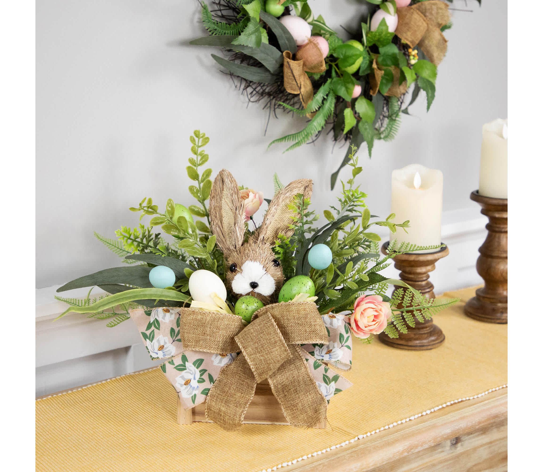 Boxed Floral Arrangement with Bunny Easter Decoration - 12"