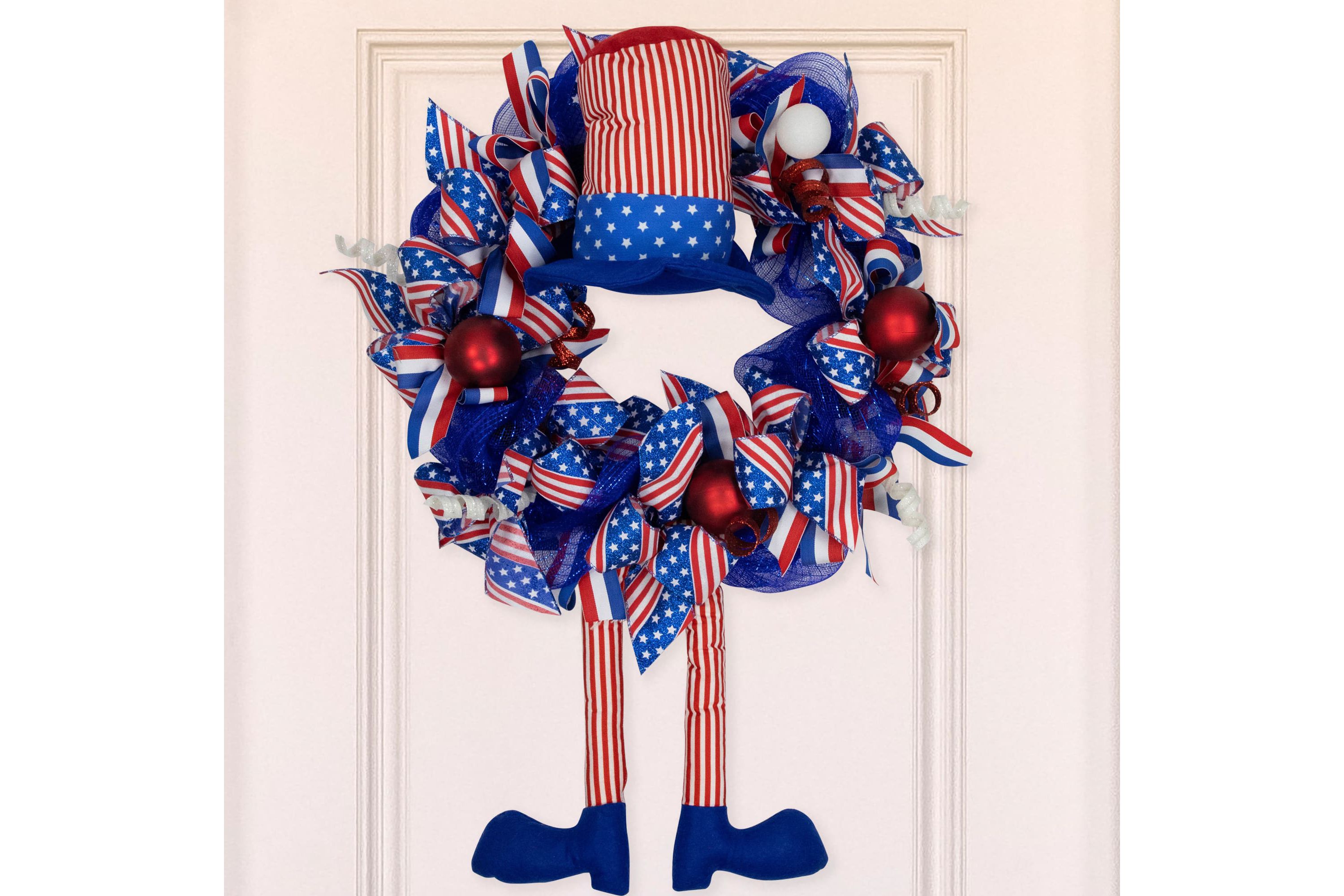 Patriotic Hat with Legs Deco Mesh Ribbon Wreath - 24"